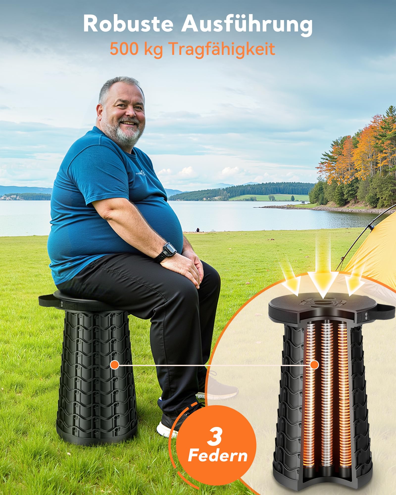 imodomio Tabouret télescopique pliable amélioré, assise élargie et surélevée, capacité de charge de 500 kg, hauteur réglable, tabouret de camping pliable pour camping, voyage, randonnée, tabouret pour