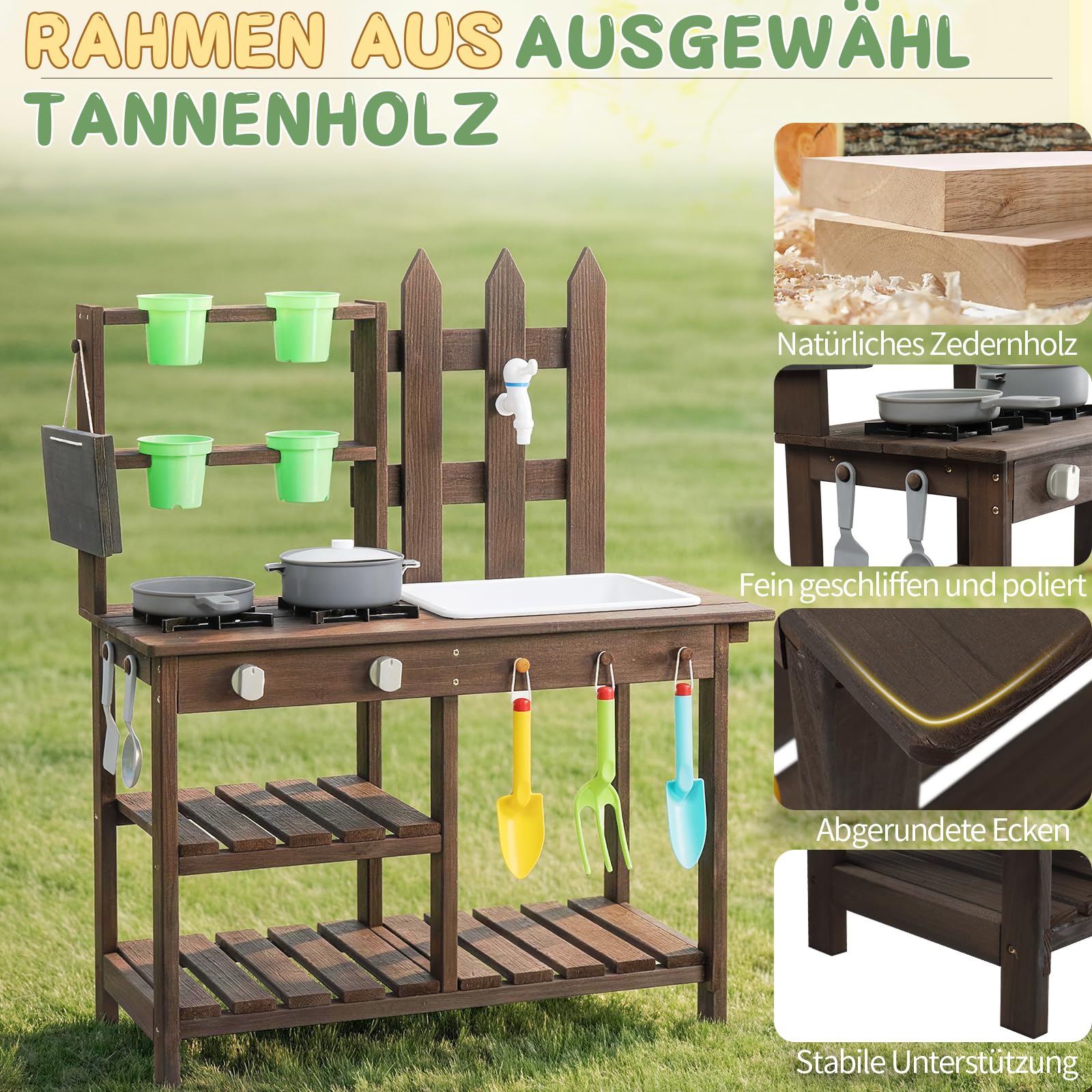LEADZM Spielküche Gartenspielküche Matschküche Kinder Outdoor mit Spüle, Blumentopf, Wasserhahn, Kinderküche mit Herd, geeignet für Kinder ab 6 Jahren, Dunkelbraun