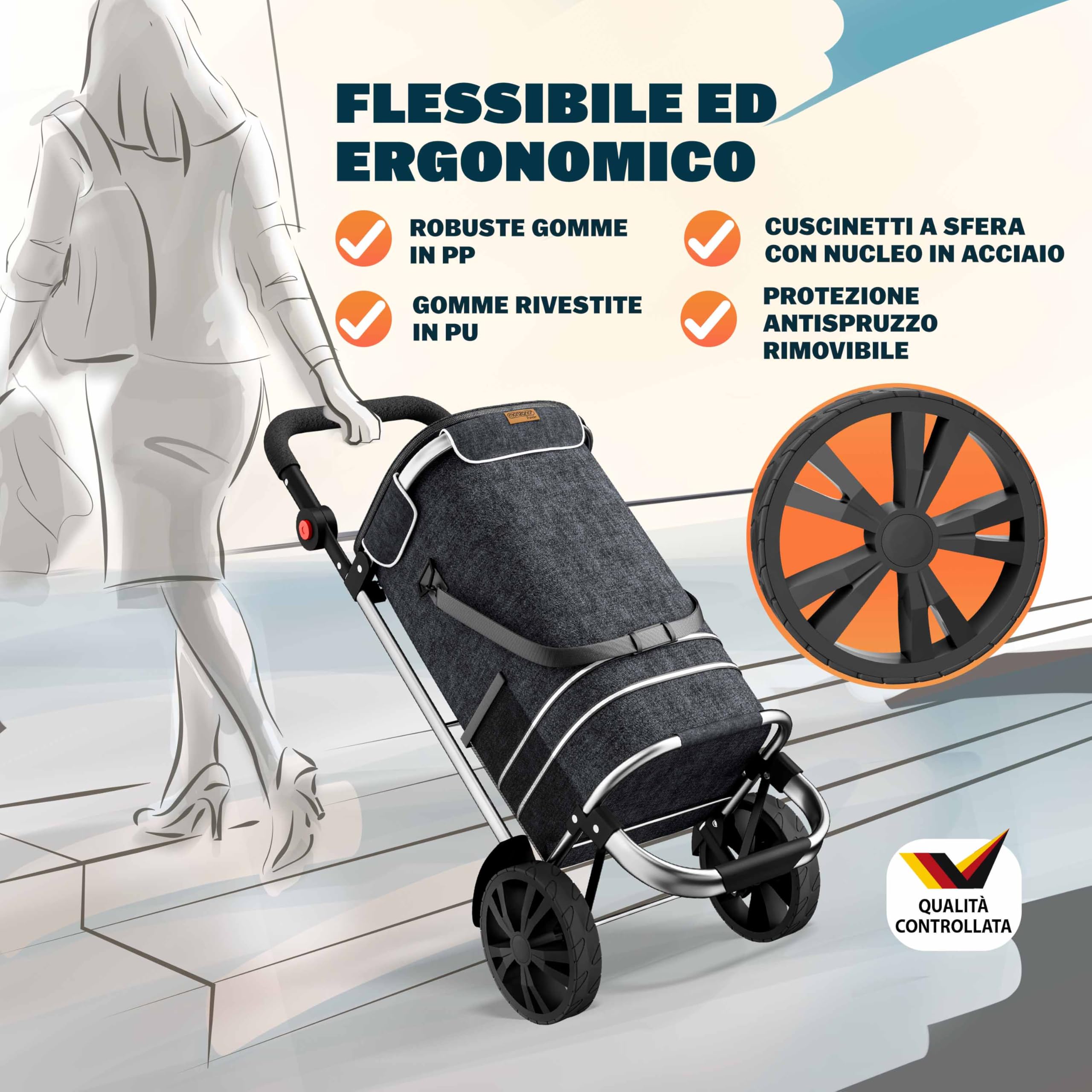 MONZANA Carrello della Spesa 3in1 56L fino a 50 kg Borsa Pieghevole Rimovibile Carrellino Portaspesa Trolley Nero