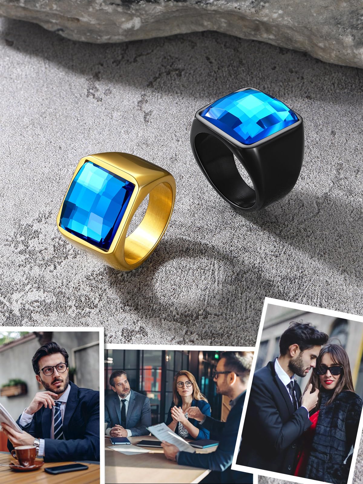 U7 Anello Uomo con Pietra Zaffiro Blu Quadrata da 8mm Acciaio Inossidabile Anello con Pietra in Cristallo Creato Taglia 14,5 Regalo per Uomo e Ragazzo