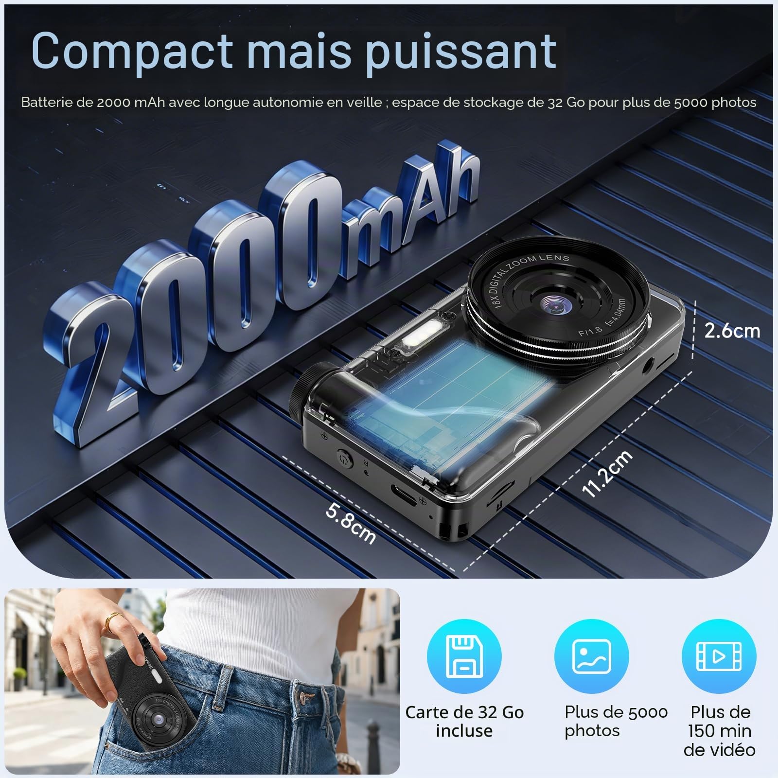 Appareil Photo Numérique 4K 64MP Wevoor Compact 32GB Écran Rabattable 180° 18x Zoom Numérique 2000mAh Batterie Noir