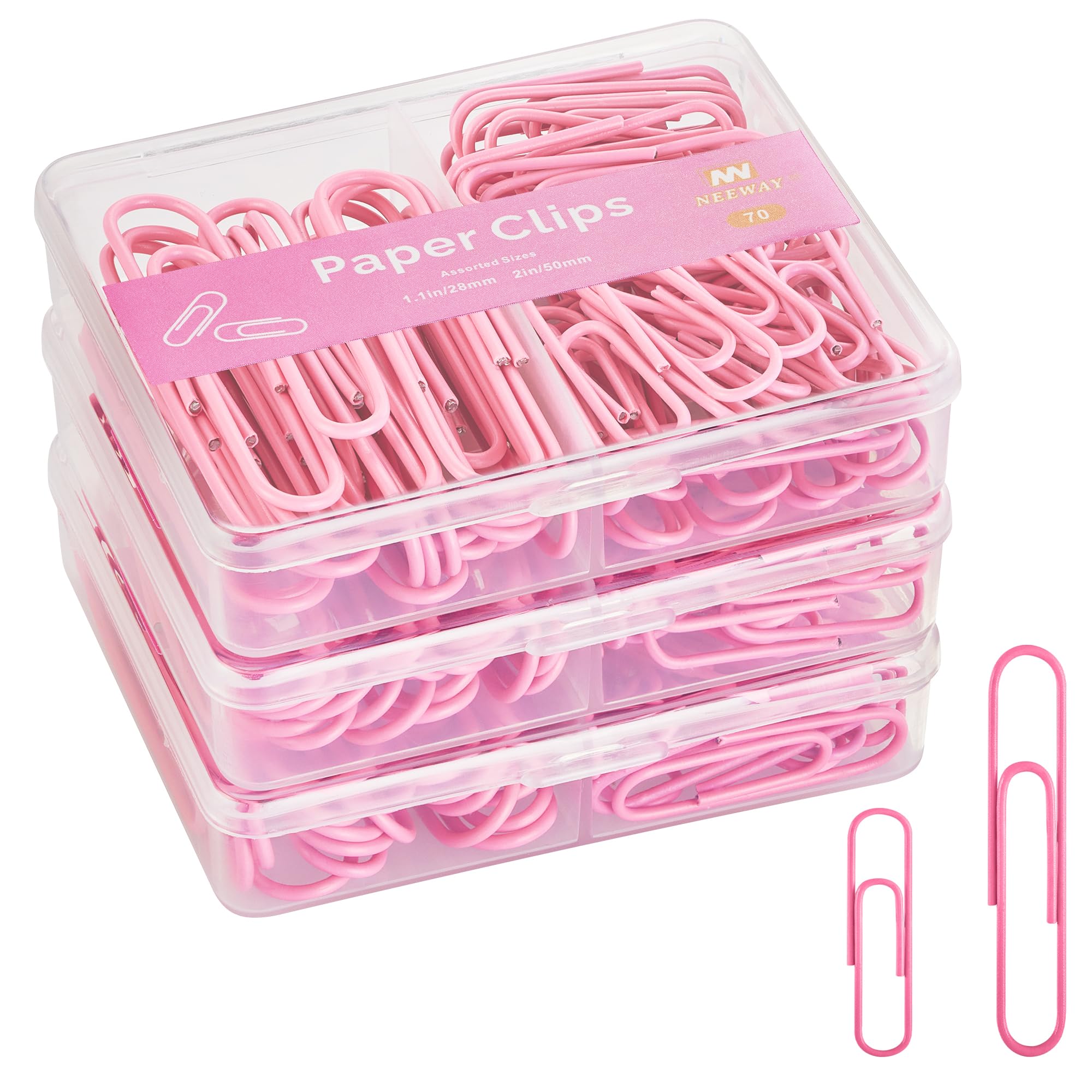 NEEWAY Colorful Paper Clips Assorted Sizes, Small and Large Paperclips, 210 Count, 3 Pack of 70 (Rose Pink)