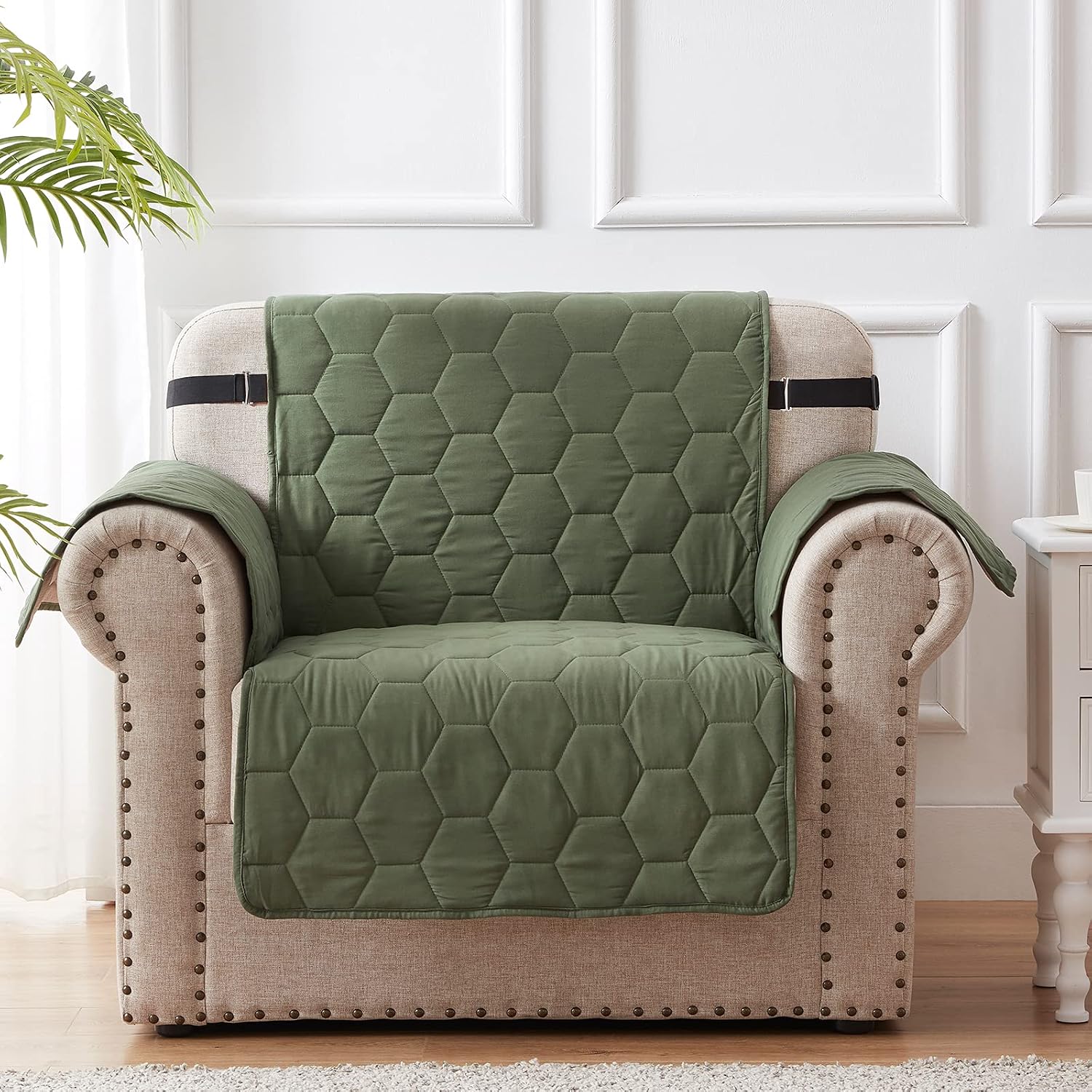SunStyle Home 1 Piece Chair Slipcovers 100% Waterproof Furniture Protector Honeycomb Quilted Olive Green Couch Cover with Adjustable Elastic Strap and Non-Slip Backing