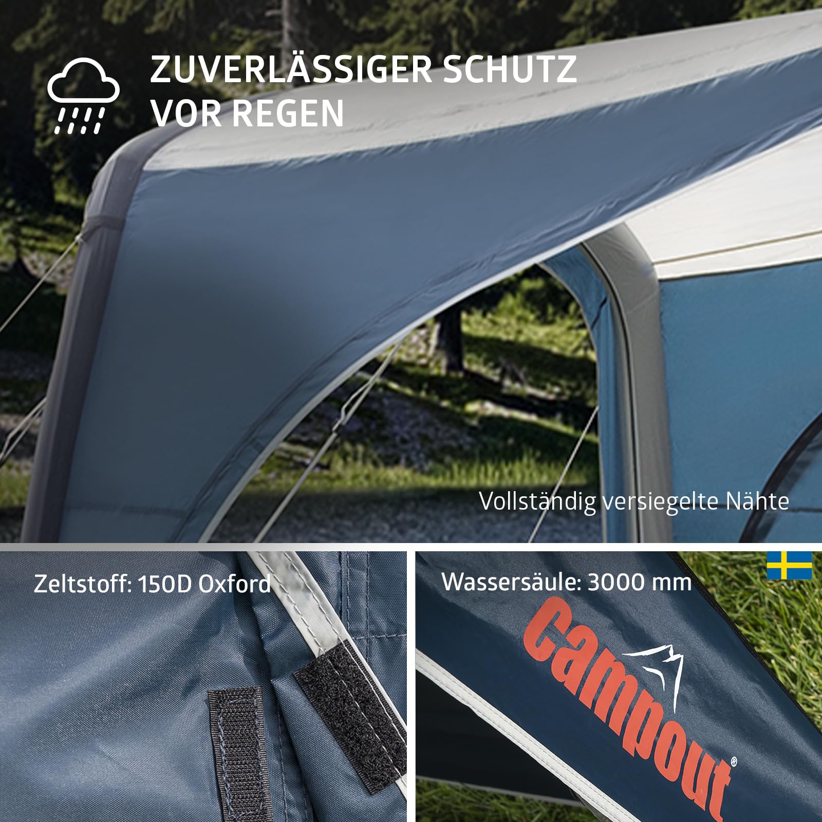 Campout Aufblasbares Vorzelt für Wohnwagen & Wohnmobil – 300 x 250 cm – 3000 mm Wassersäule – Anbauhöhe 235-250 cm – Aufbau in 15 Min – Inkl. Pumpe & Sturmabspannleinen