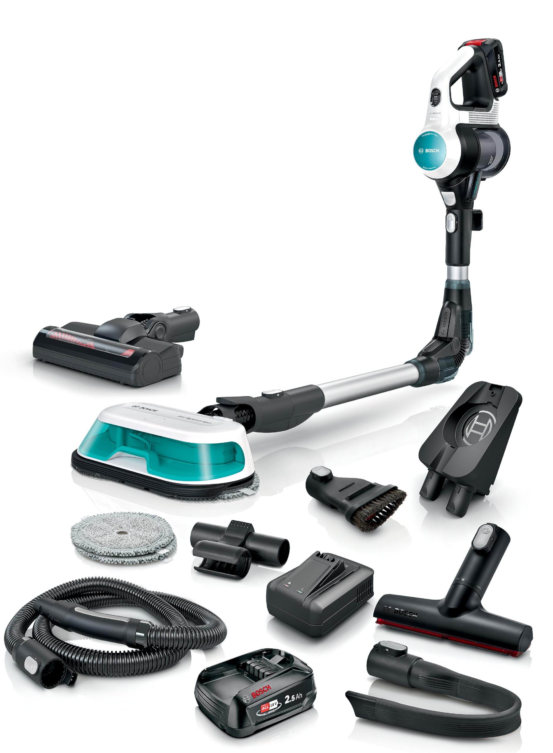 Bosch Odkurzacz akumulatorowy Unlimited 7 ProHygienic Aqua BSS712XHYG, bezprzewodowy, 2 w 1 odkurzanie i wycieranie, rura zginana, system filtra HEPA, 2 akumulatory, ładowarka do szybkiego ładowania