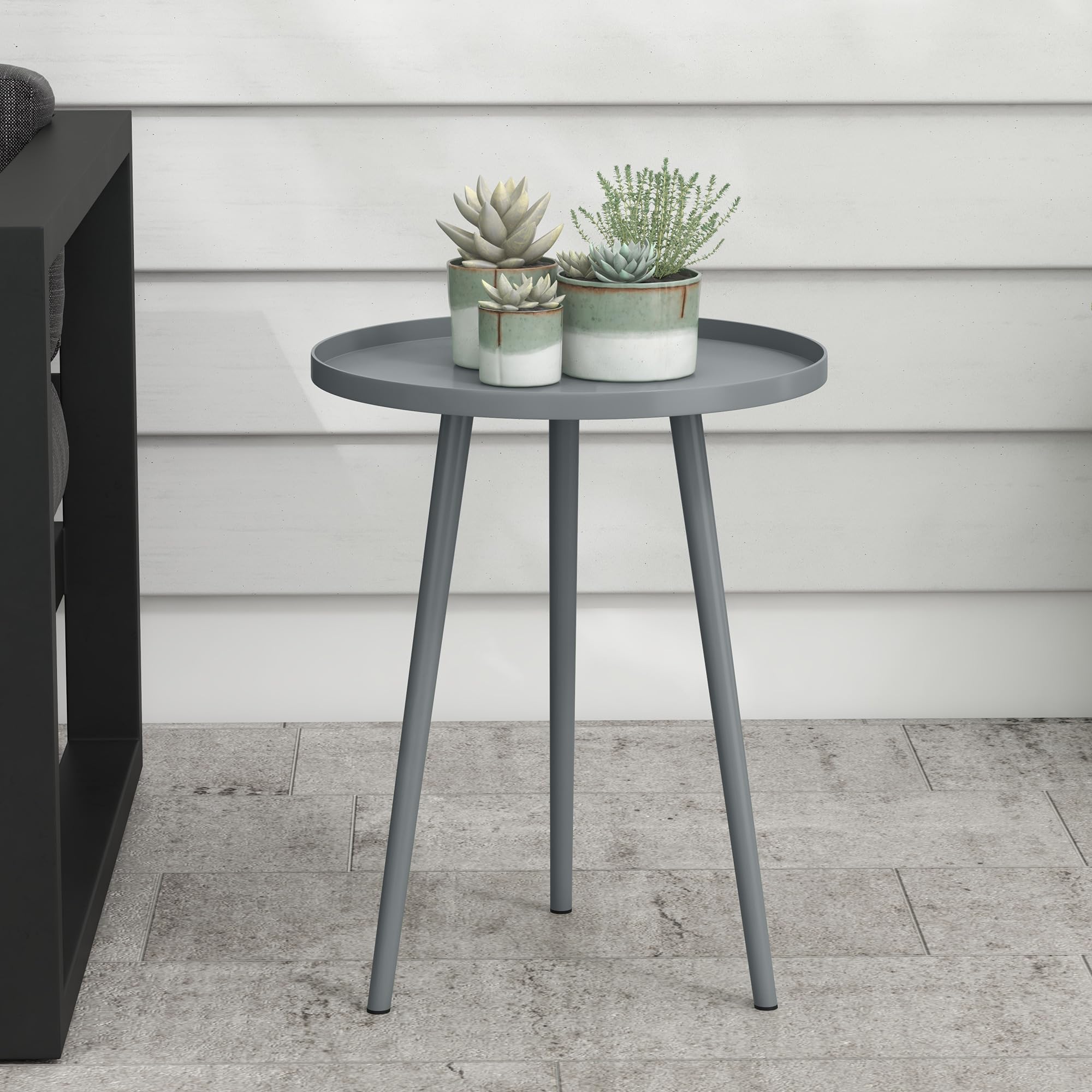 Outsunny Beistelltisch Garten, wetterfester Gartentisch mit erhöhtem Rand, Balkontisch aus Stahl, runder Kaffeetisch 20kg belastbar, Ø40x50H cm, Sofatisch für Outdoor Indoor Balkon Terrasse Grau