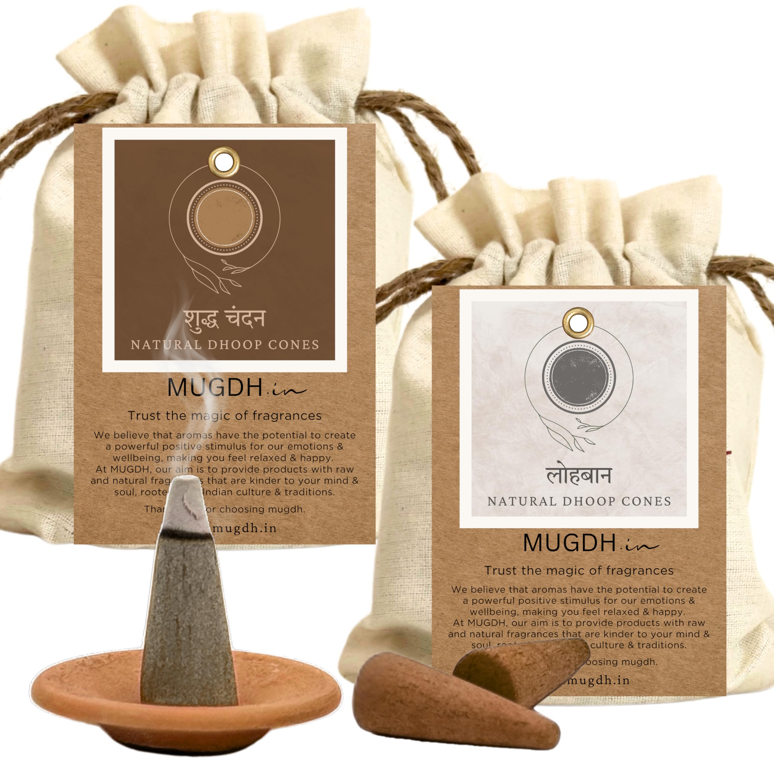 Mugdh Natural Incense Cones Combo – Chandan & Loban | Bambooless, Low Smoke, Charcoal Free Dhoop Cones | 80 Organic dhoop batti | Free Cotton Potli & Dhoop Stand | Home Fragrance, Pooja & Meditation