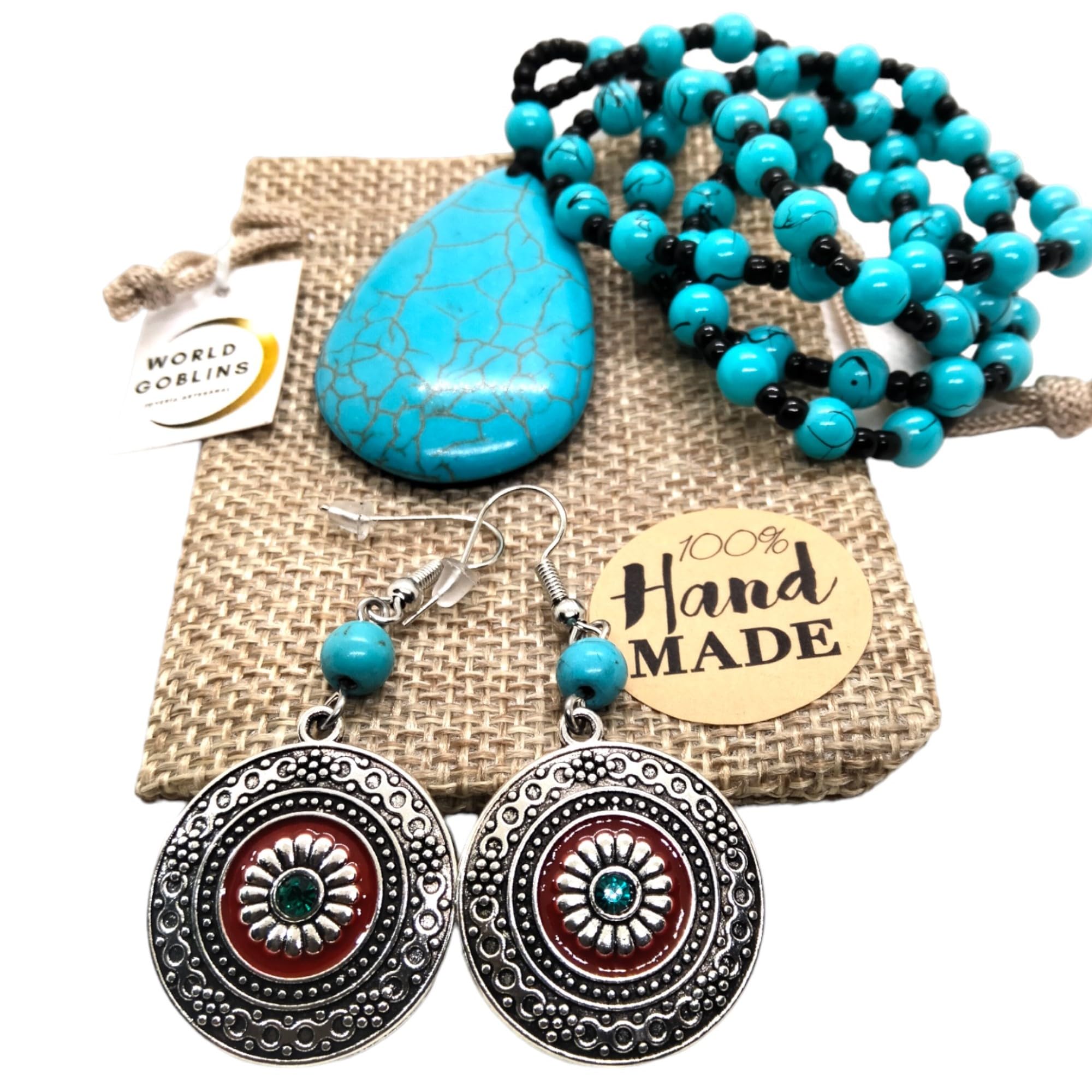 WORLD GOBLINS WORLD GOBLINS Conjunto Pendientes y Collar Mujer Estilo Bohemio Turquesa, Collar de 60 cm, Pendientes Redondos Plata Antigua, Hecho a Mano 100%. Bisutería Chokers Necklace