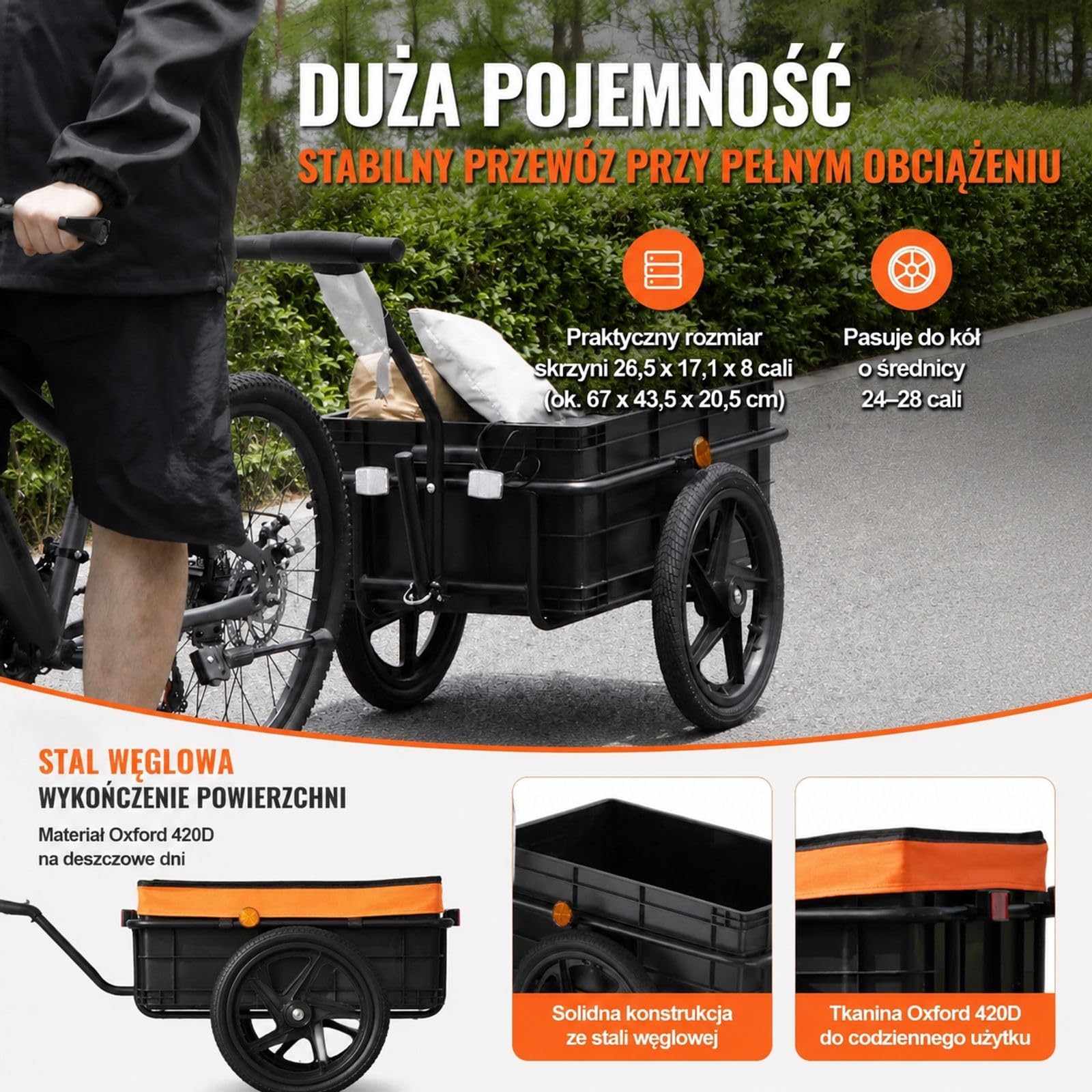 Przyczepka rowerowa bagażowa, udźwig 40 kg, składany wózek transportowy z uniwersalnym zaczepem do zakupów i kempingu