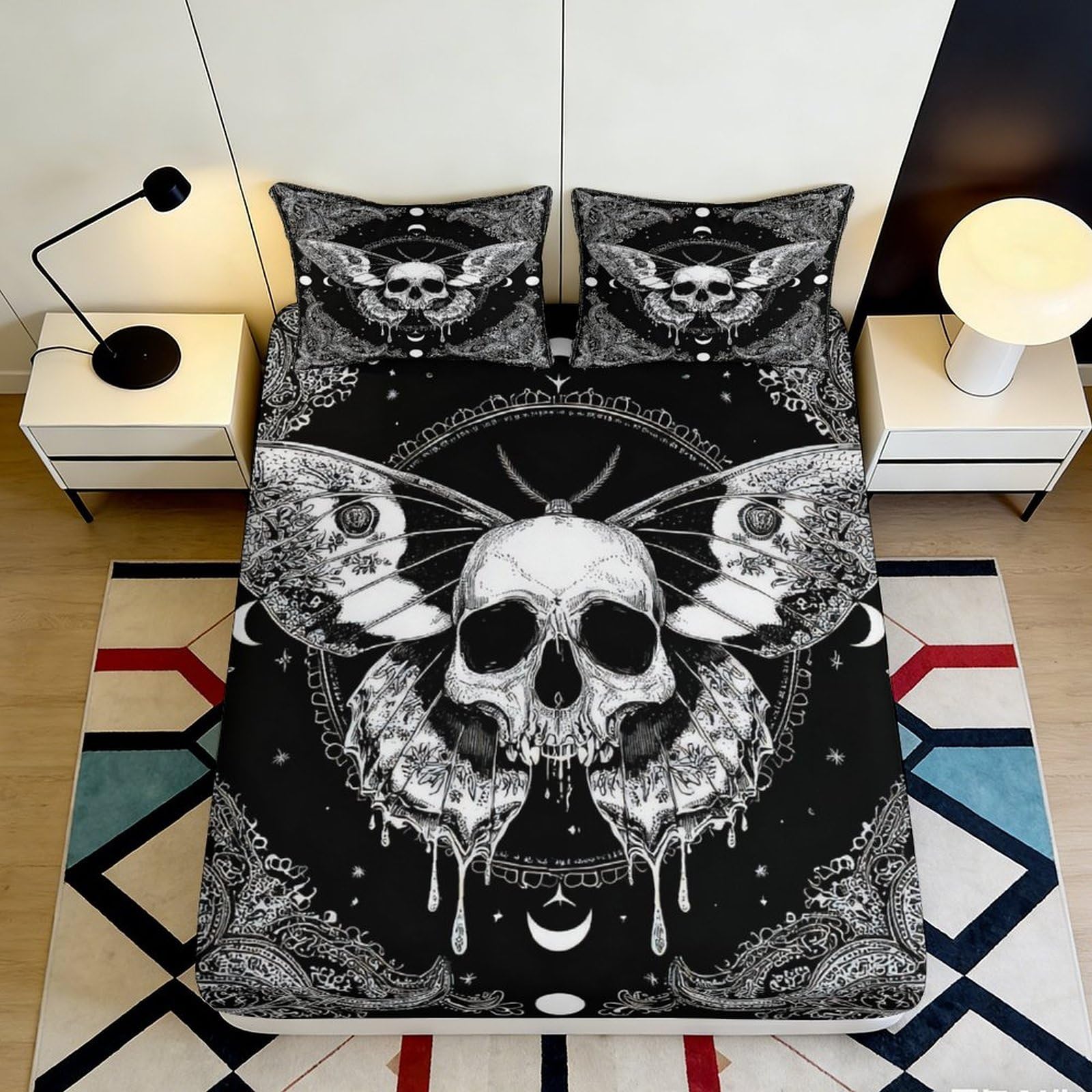 3D Printed Gothic Skull Butterfly Fitted Sheet Microfiber Black Bed Cover for Bedroom Dorm Mattress Decor 90x200x25cm