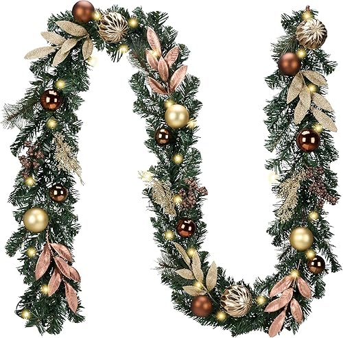 Miniatura 15 de Valery Madelyn - Guirnalda de Navidad de 2,7 m con luces incorporadas para chimenea, guirnalda navideña iluminada para exteriores con bolas rojas,