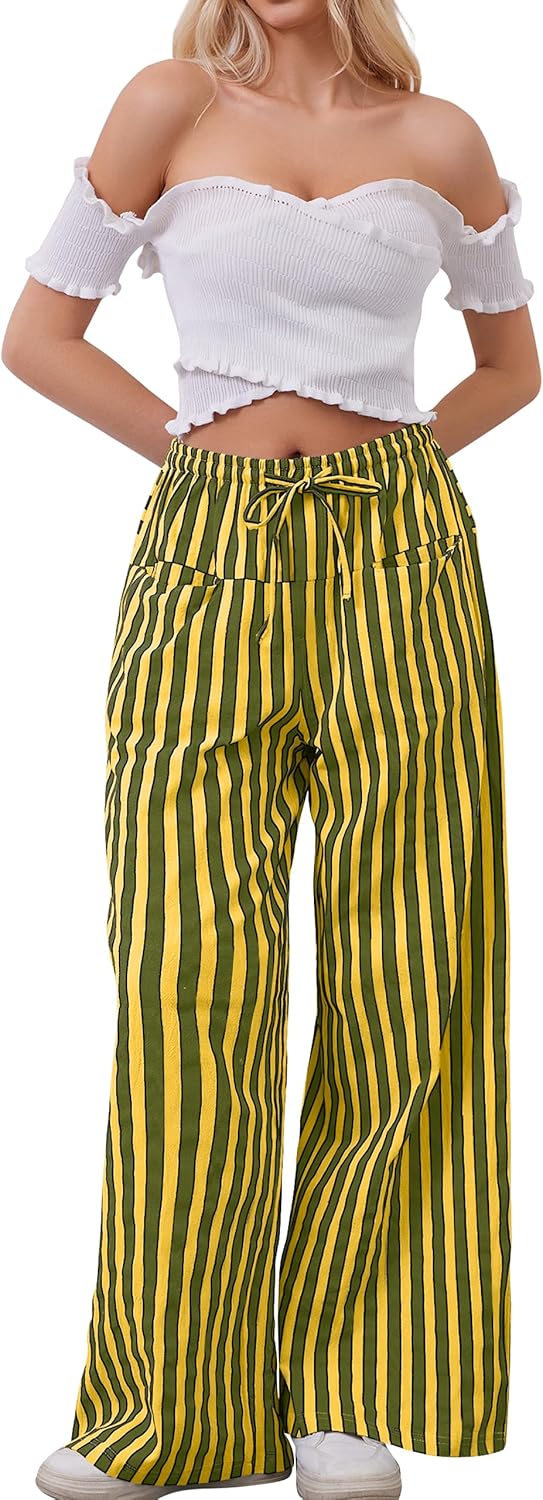 AIHUKOCY Women Drawstring Stripe Wide Leg Casual Trousers Striped Low Rise Casual Loose Lounge Pants with Pockets