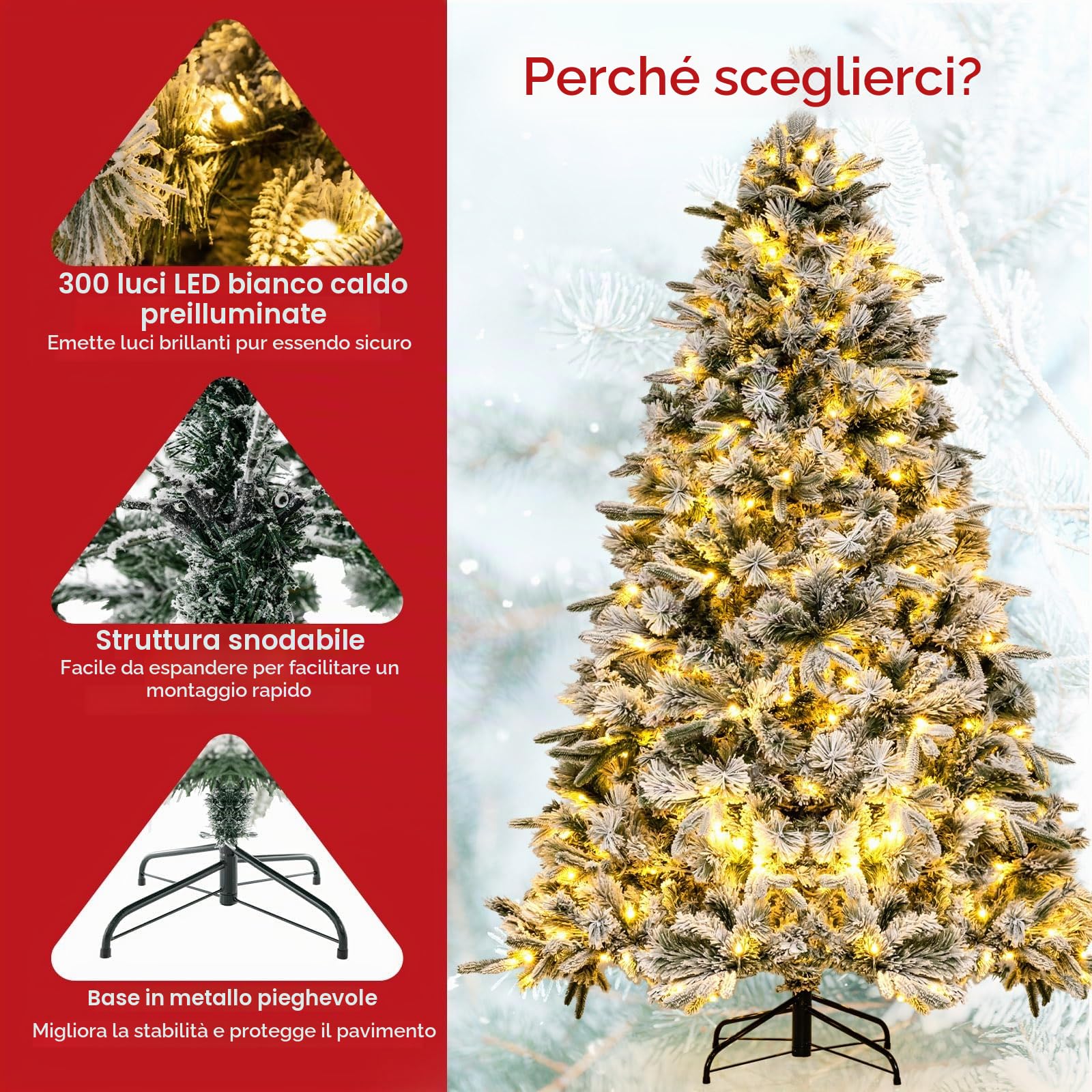 LIFEZEAL 215cm Albero di Natale Innevato con Luci Incorporate a LED, Albero Artificiale con 1096 Rami Foltissimi, Neve, Pop Up, Apri da Solo, Ignifuco, Decorazioni, Interno, Esterno, Christmas Tree