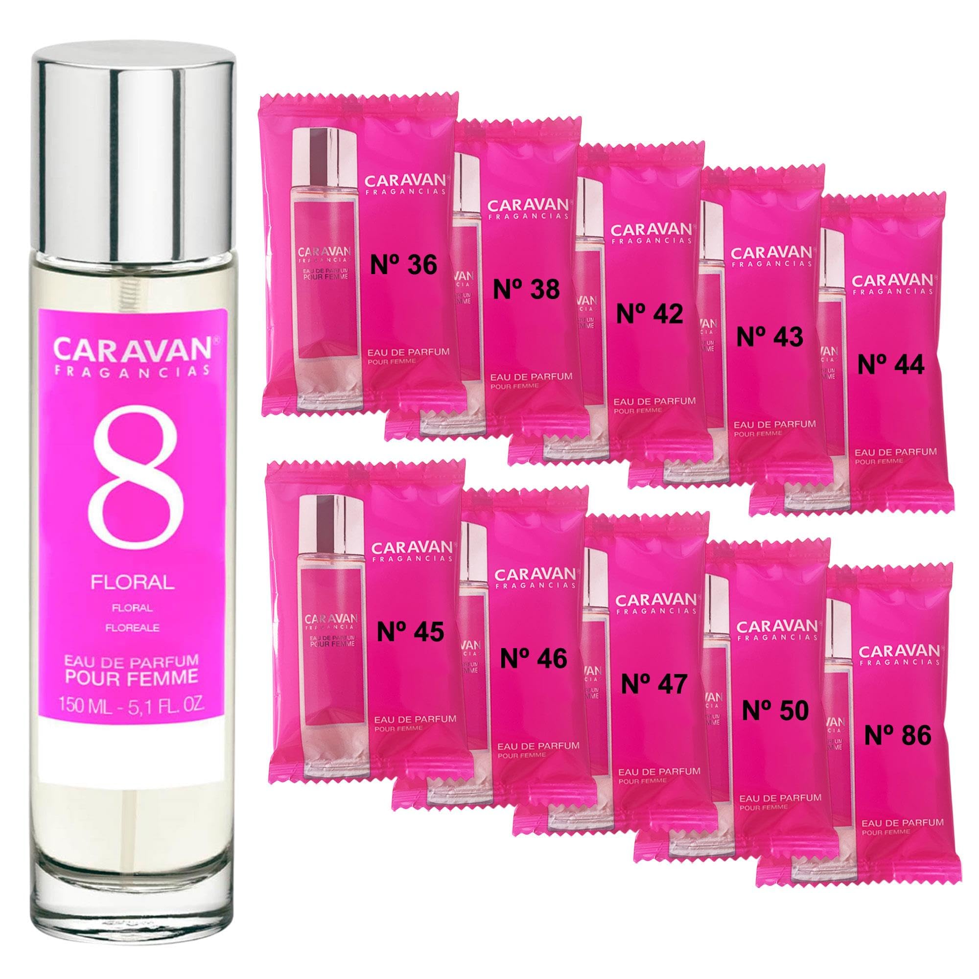 CARAVAN FRAGANCIAS Perfume de Mujer Nº8 de 150 ml + Set de 10 Viales de Fragancias femeninas distintas de Caravan para descubrir nuevos aromas