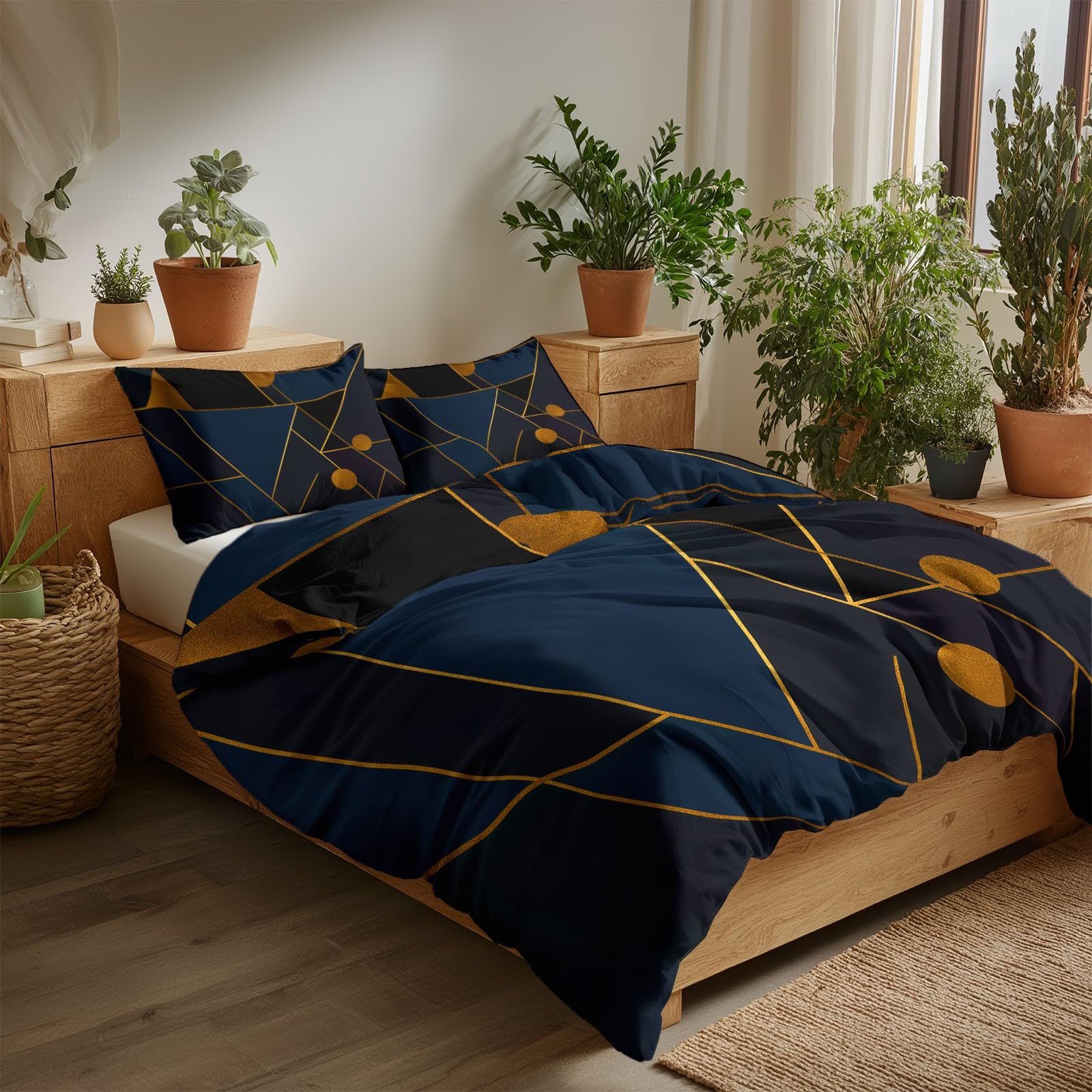 Housse de couette 200x200 noir imprimée motifs triangles géométriques modernes double face