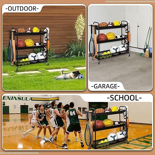 Miniatura 7 de STORAGE MANIAC Estante de baloncesto de 3 estantes para entrenamiento, soporte para pelotas deportivas, carrito de pelotas organizador de garaje,