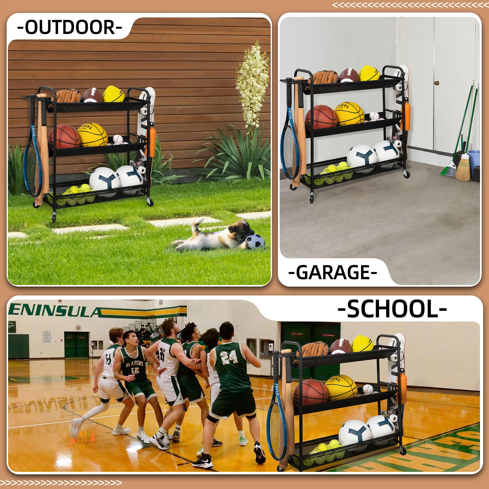 STORAGE MANIAC Basketballständer mit 3 Ablagen, Trainingsständer, Ballhalter, Sportballwagen, Garage, Organizer, Ballkorb, Aufbewahrung, Ballregal für Garage oder Fitnessstudio, Indoor- und