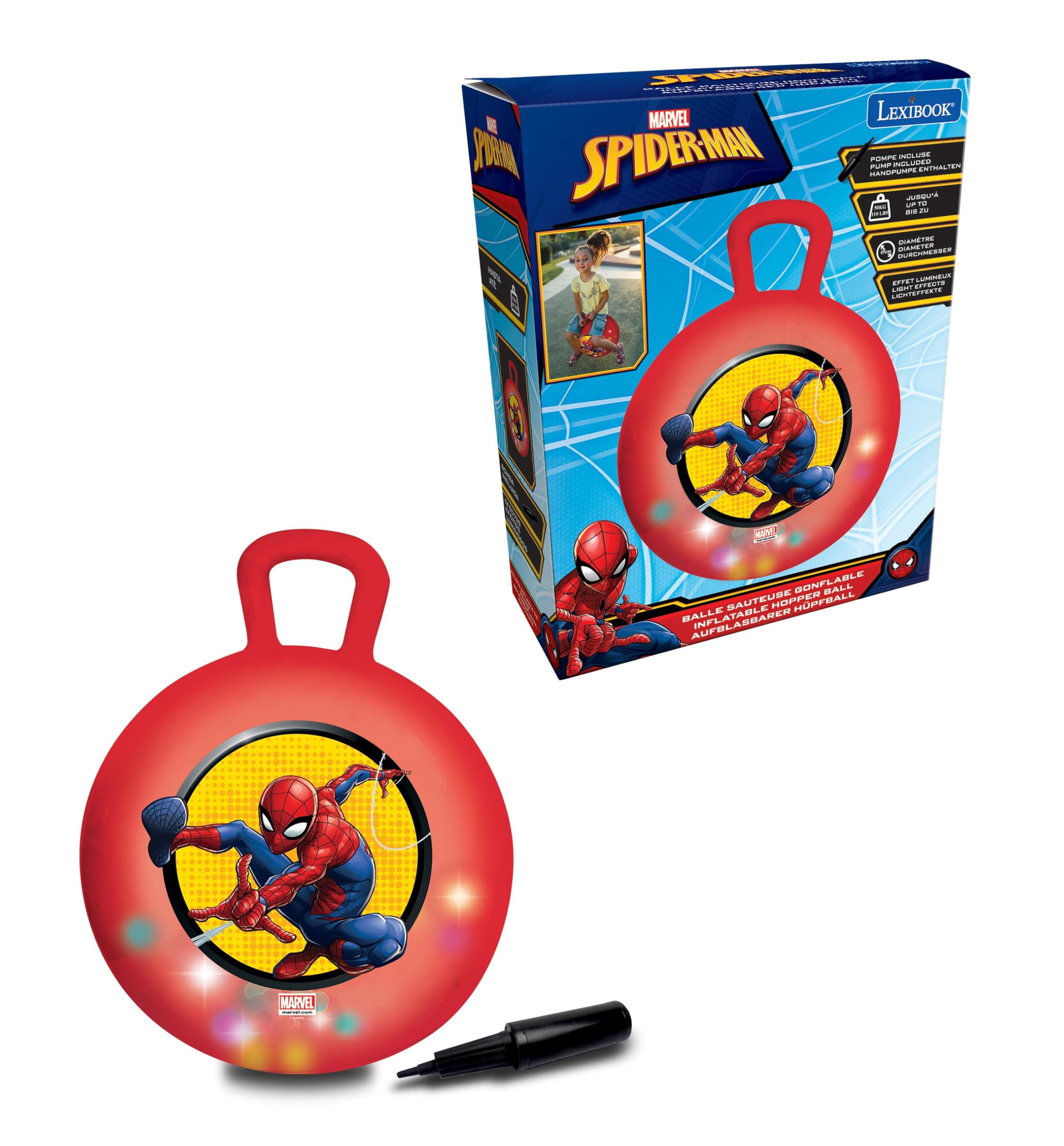 Lexibook, Spider-Man, Palla Saltellante Gonfiabile, Pompa Manuale Inclusa, Plastica Sicura e Resistente, Rosso, BG040SPLXB
