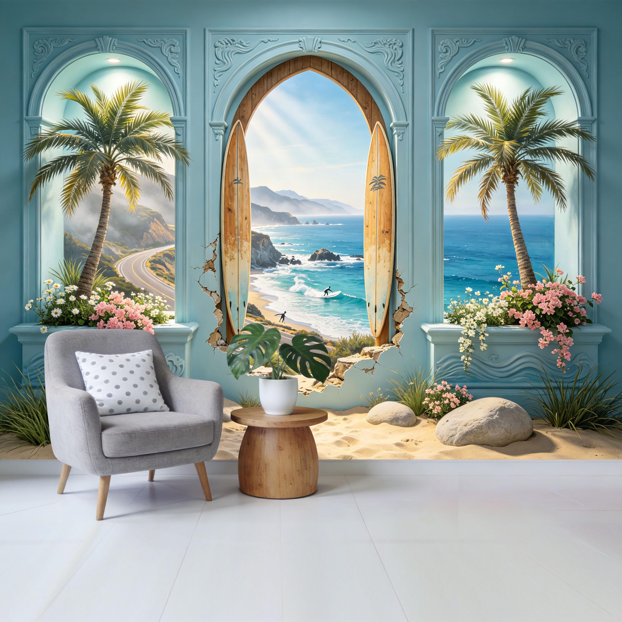 Custom Size Wall Mural Coastal Ocean View Surfboard Palm Trees Beach Landscape Removable Self Adhesive Fabric Home Wall Decor for Living Room Bedroom Bathroom