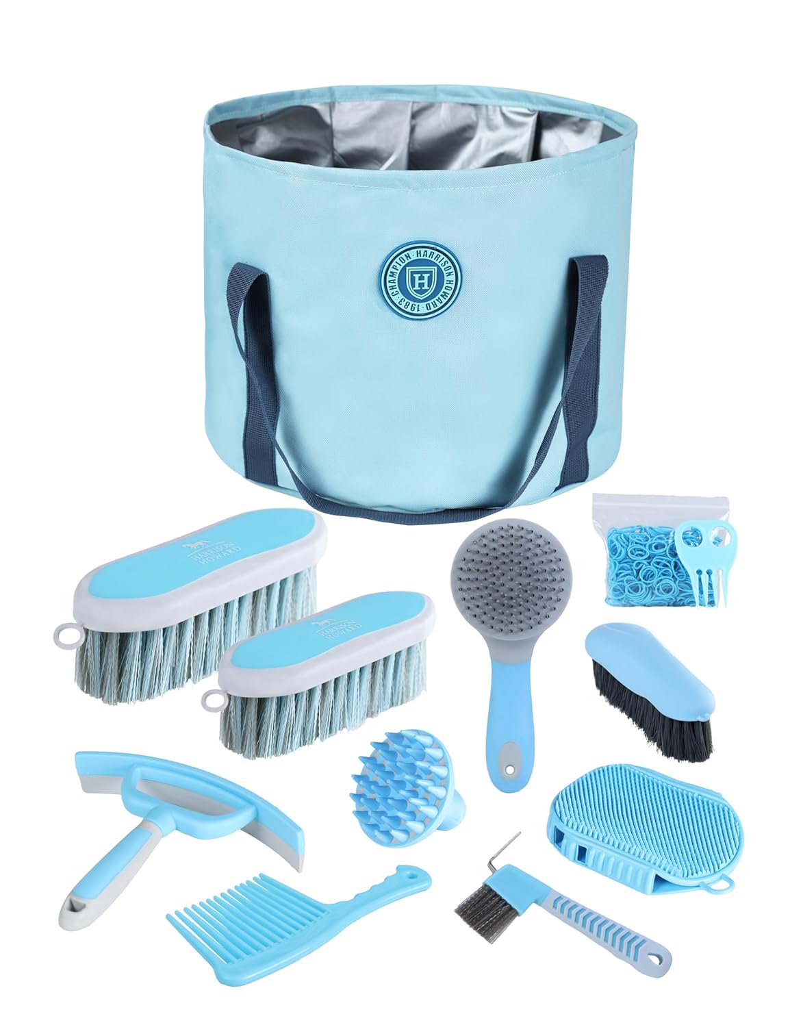 Harrison Howard Horse Grooming Kit 9-Piece Equine Care Series Horse Brush Sets with Organizer Tote Bag Soft Blue