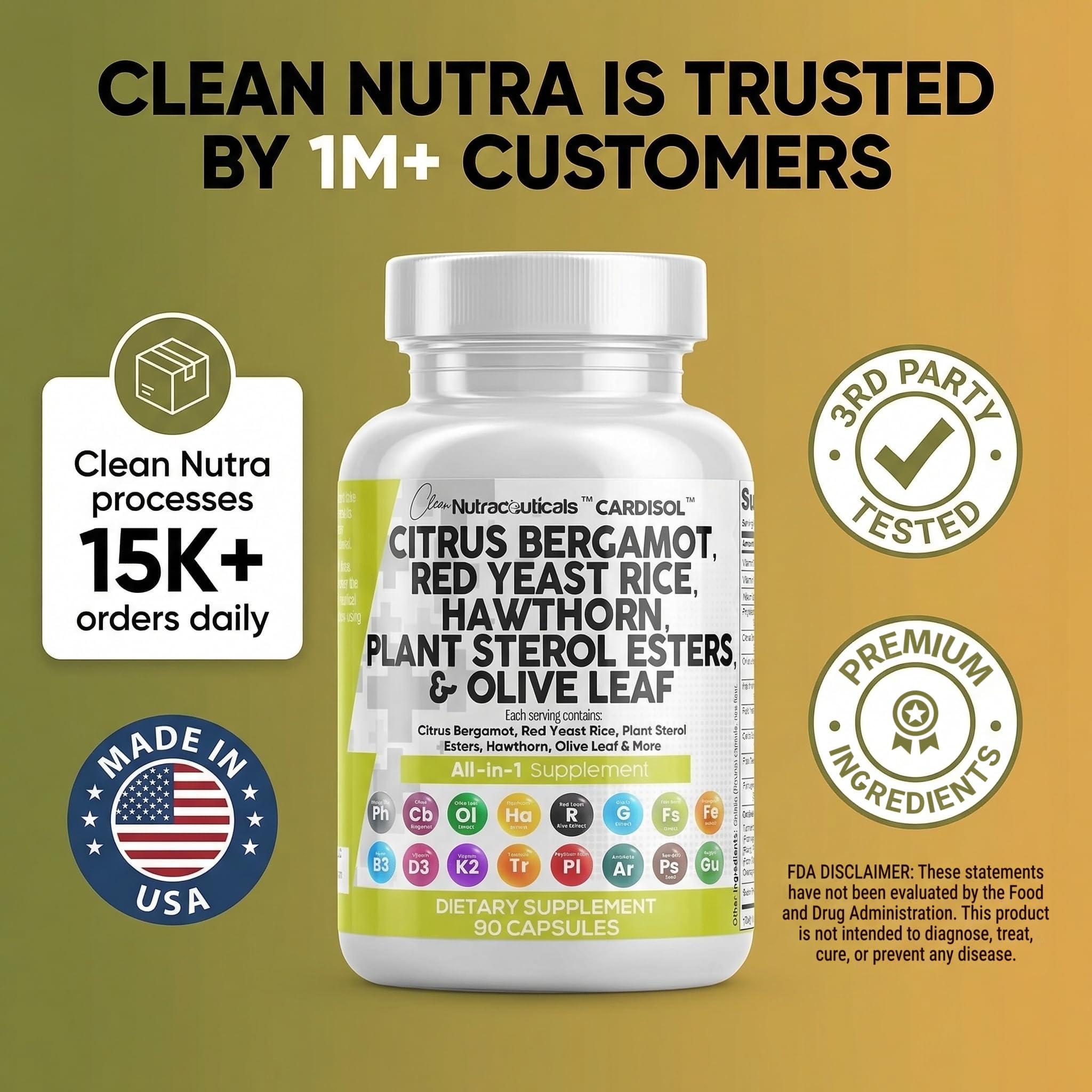 Clean Nutraceuticals Citrus Bergamot Red Yeast Rice Capsules with Plant Sterols - with Hawthorn Extract Olive Leaf Niacin Vitamin K3 D3 COQ10 Guggul & More — Amazon image 8