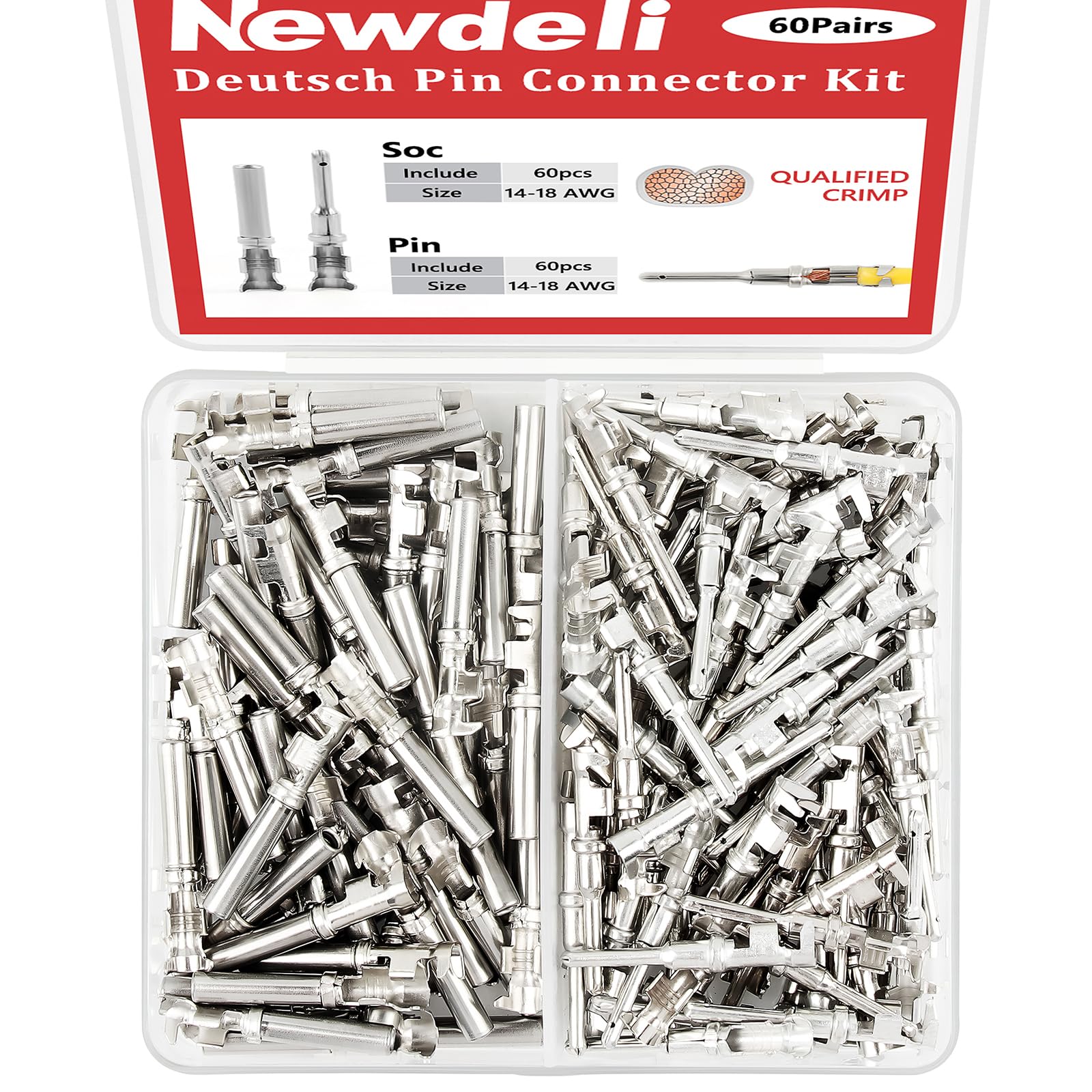 Newdeli 60 Pairs Deutsch Connector Pins and Sockets Stamped Contacts Size 16 Open Barrel Pin Connector Kit for 14-18AWG Wire - Male Pin Connectors 1060-16-0122 & Female Socket Contacts 1062-16-0122