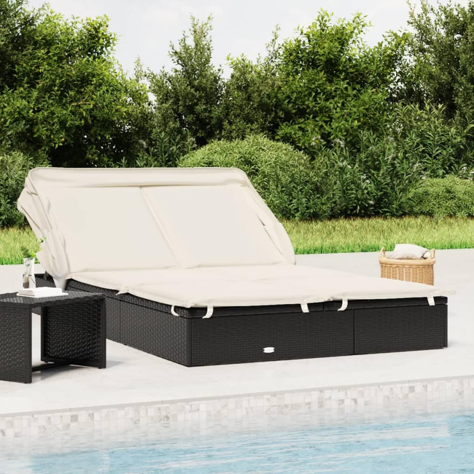 Homgoday Lit double toit pliable noir 213 x 118 x 97 cm en polyrotin, chaises longues, canapé-lit, chaises de jardin, lit de piscine, lit de jardin
