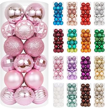 XmasExp 24ct Pink Christmas Ornaments for Tree Decorations, Small Shatterproof Christmas Ball Ornaments Set for Xmas Tree, Perfect Plastic Hanging Balls for Home Holiday Party Decor 1.57, Pink