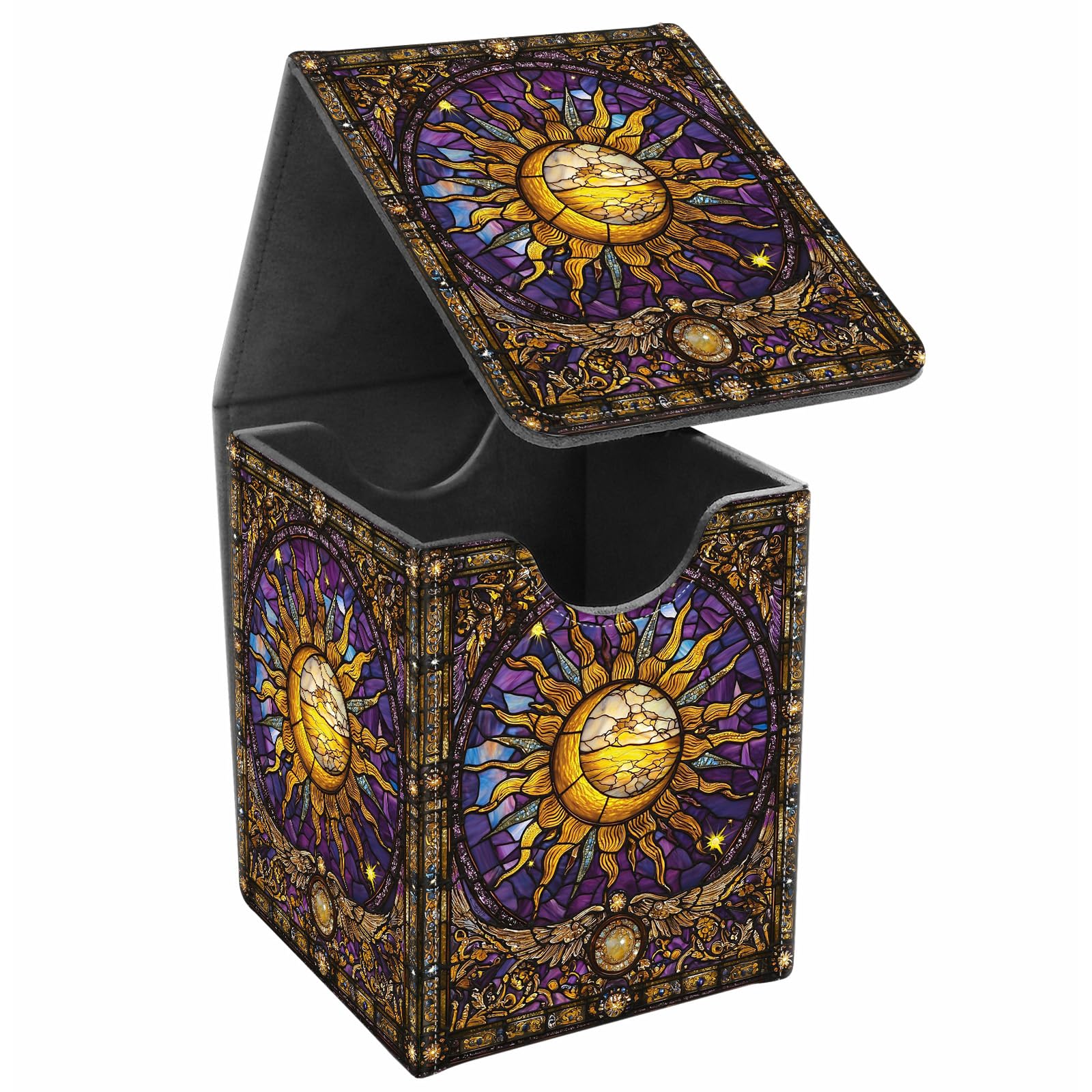 JANENFNA Card Deck Box, Card Storage Box Fits 100+ Single Sleeved Cards, Large Capacity PU Leather Card Storage Box with Strong Magnet for Magic Commander TCG/CCG, Sun And Moon