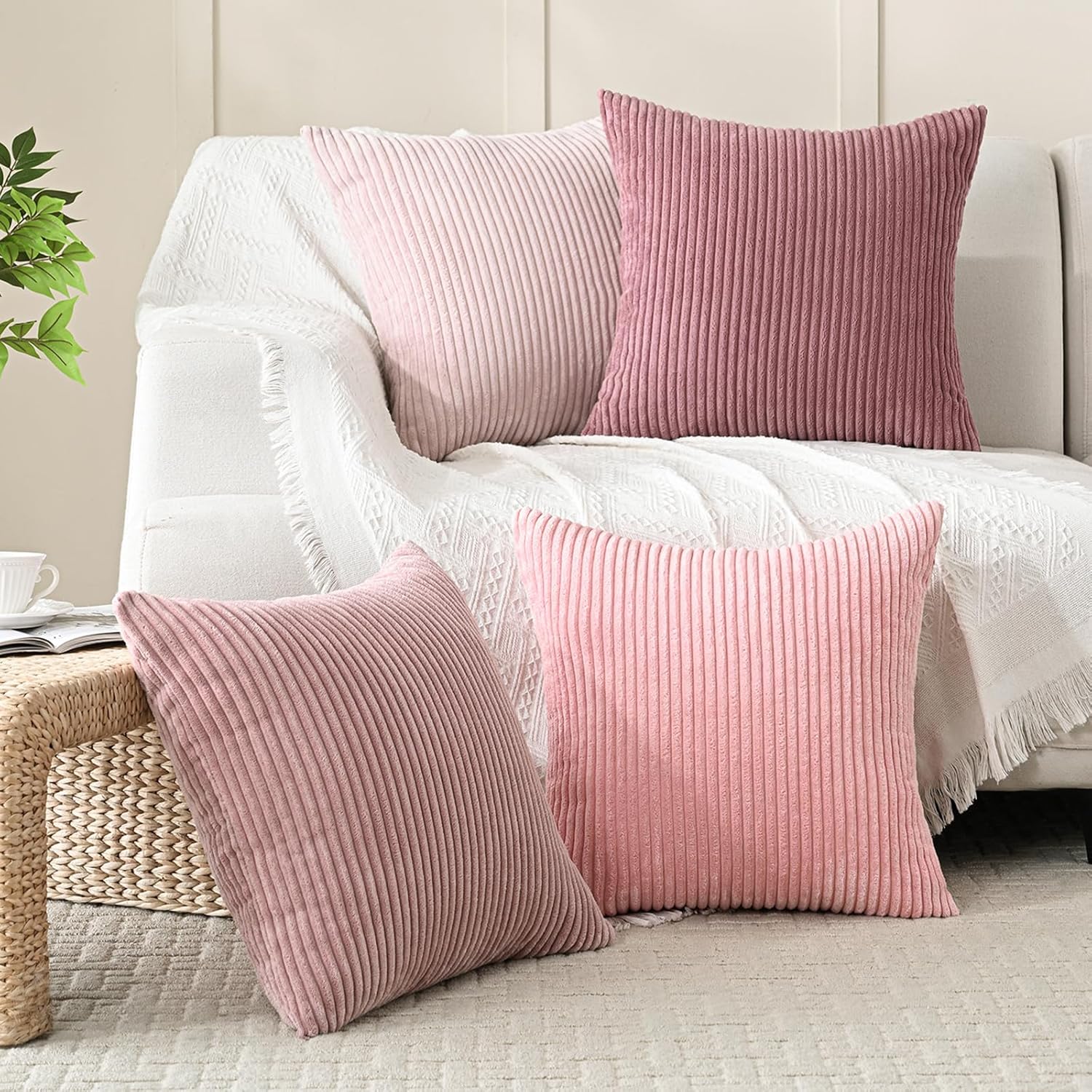 Volcanics Set of 4 Pink Corduroy Decorative Couch Throw Pillow Covers 20x20 Inch, Valentine's Day Farmhouse Striped Cushion Cases, Soft Boho Square Accent Pillow Covers for Home Sofa