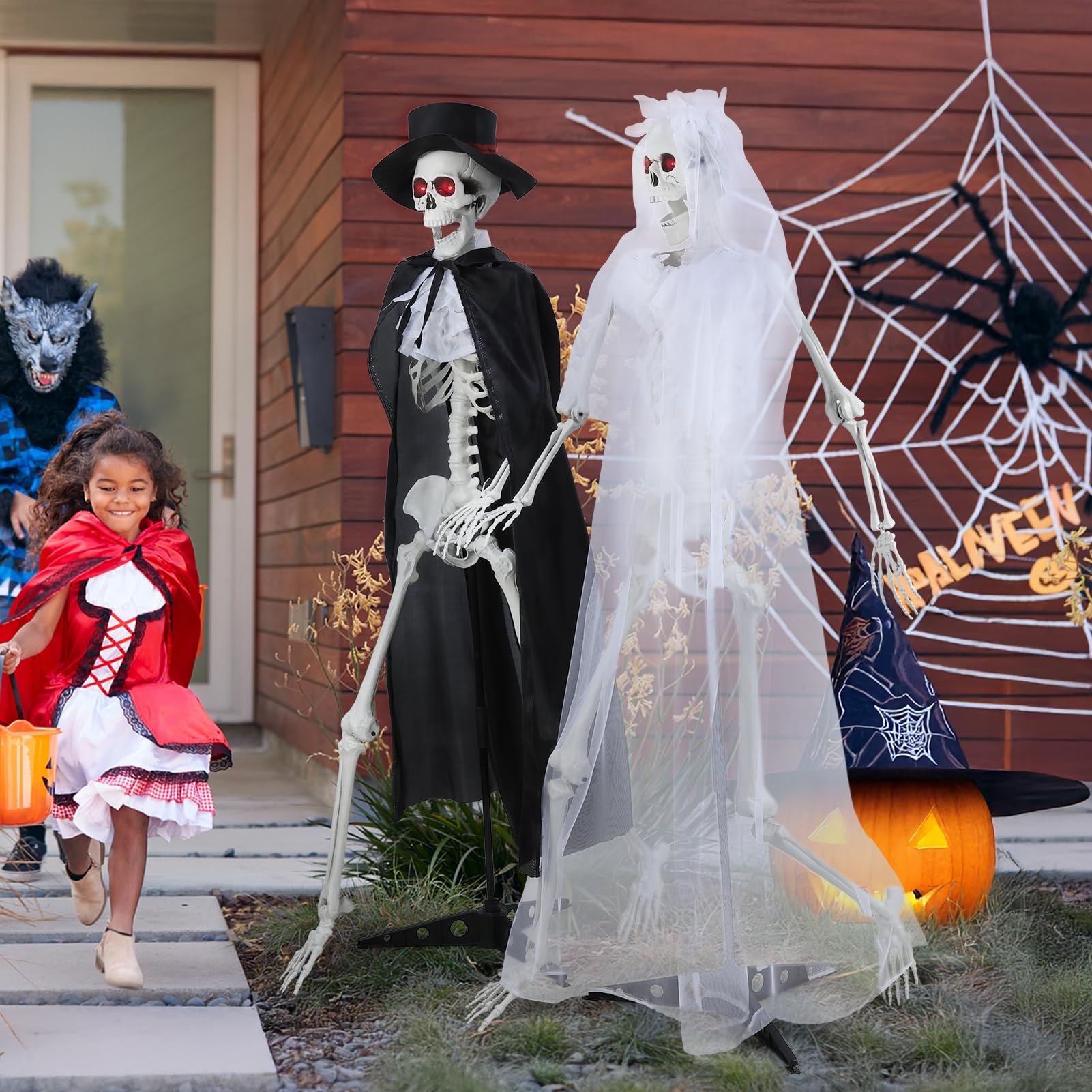 hatleues Szkielety panny młodej o długości 1,6 m ze świecącymi oczami, przerażający dźwięk, 1 para szkieletów na Halloween, możliwe szkielety z ruchomymi stawami, plastikowy szkielet para dekoracja na
