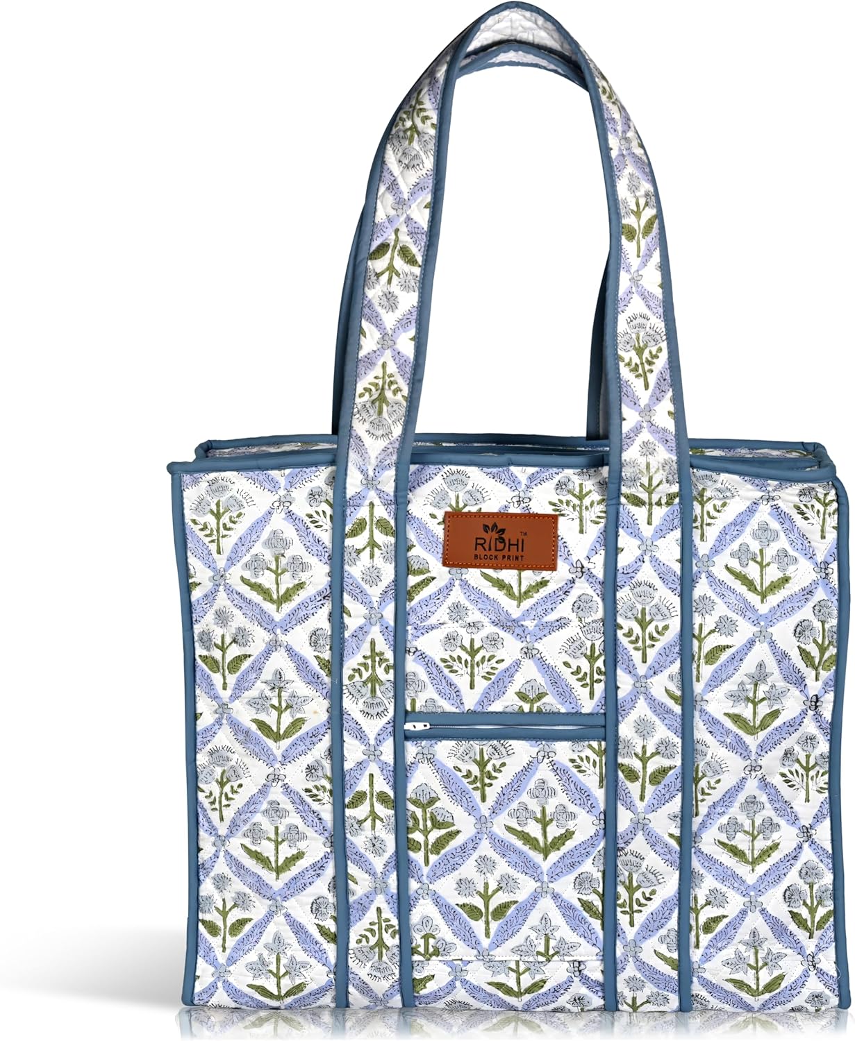 Ridhi Hand Block Print Cotton Zipper Tote Bag, 17.7x14.6x6.7 Inch