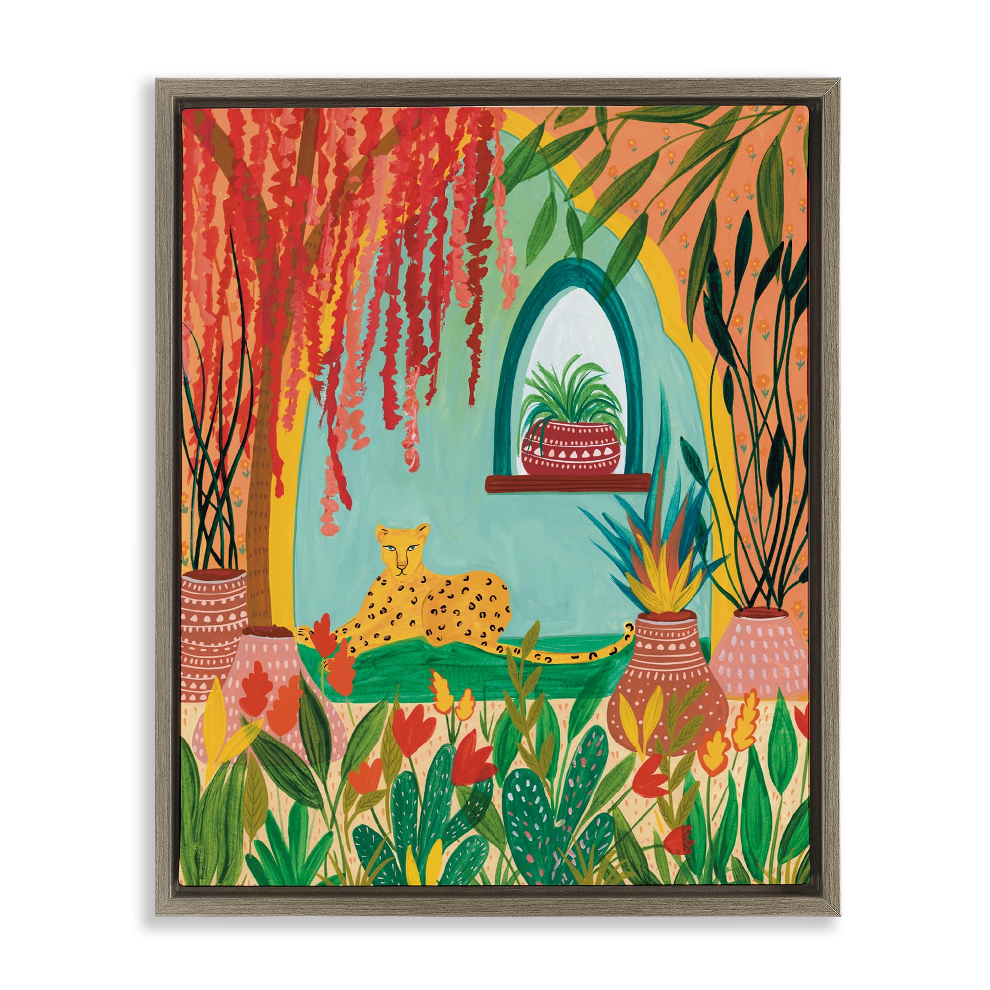 'Lone Leopard Among Botanicals'| Floating Frame Canvas Art