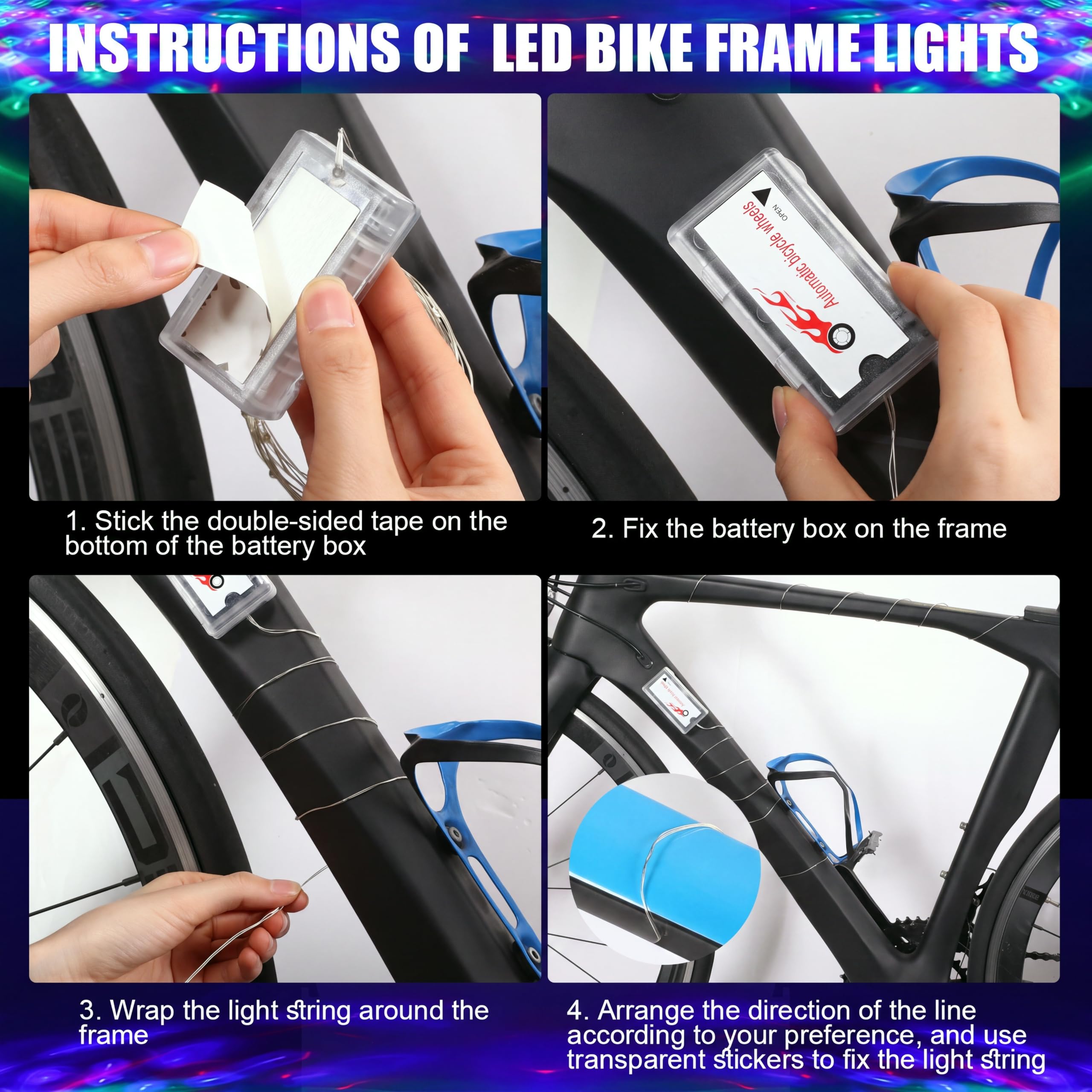 VIHOSE Lot de 4 lumières LED pour vélo disco avec 2 roues de vélo, 1 cadre lumineux à DEL et 1 phare avec piles pour vélo, discothèque, cadeaux de fête, équitation de nuit, étanche (bleu)