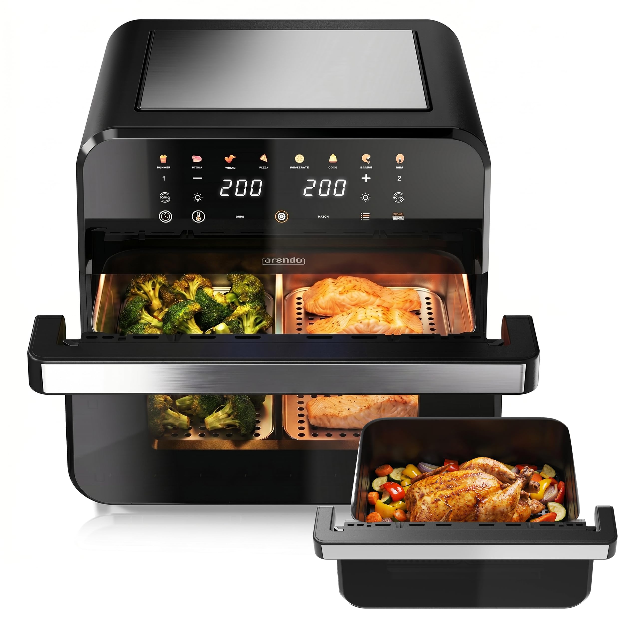 Arendo - XXL Heißluftfritteuse 12 Liter - 2 Kammern trennbar / 1 Kammer Match Funktion - extra Groß - Backofen Umluft - Grill - Airfryer mit Fenster - Fritteuse ohne Öl - Pizza Hähnchen Pommes