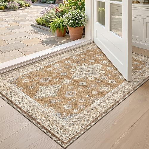 DEXI Ultra Thin Washable Entryway Door Mat 2x3, Vintage Small Rug with Non Slip Backing, Stain Resistant Low Pile Mats for Entry Patio Indoor Entrance, Light Brown