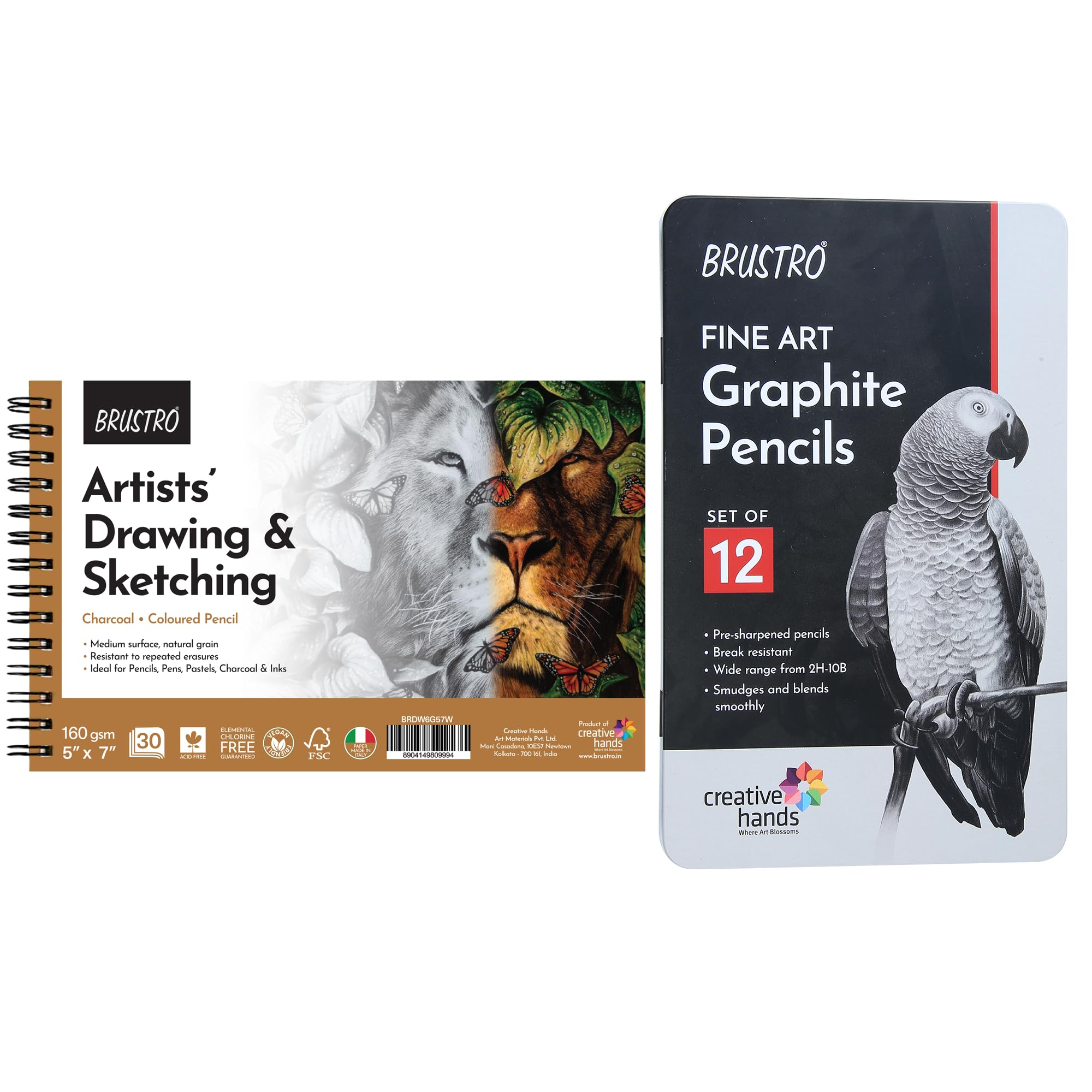 BRUSTRO Drawing & Sketching Wiro Pad,5x7 inches,160 GSM,30 Sheets with Graphite Pencil Set of 12 (10B–2H) Tin Box. Sketch and Gift