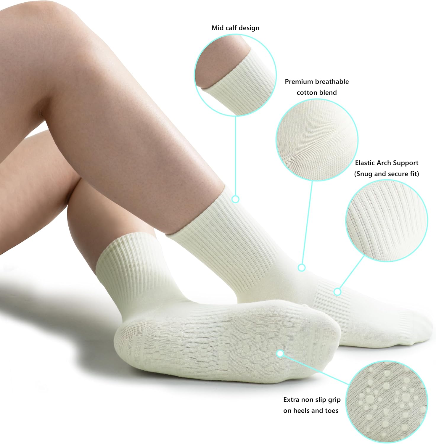 BomKinta Crew Pilates Socks for Women - Crew Yoga Sock Grips - Slipper Socks for Workout Barre Size 5-9