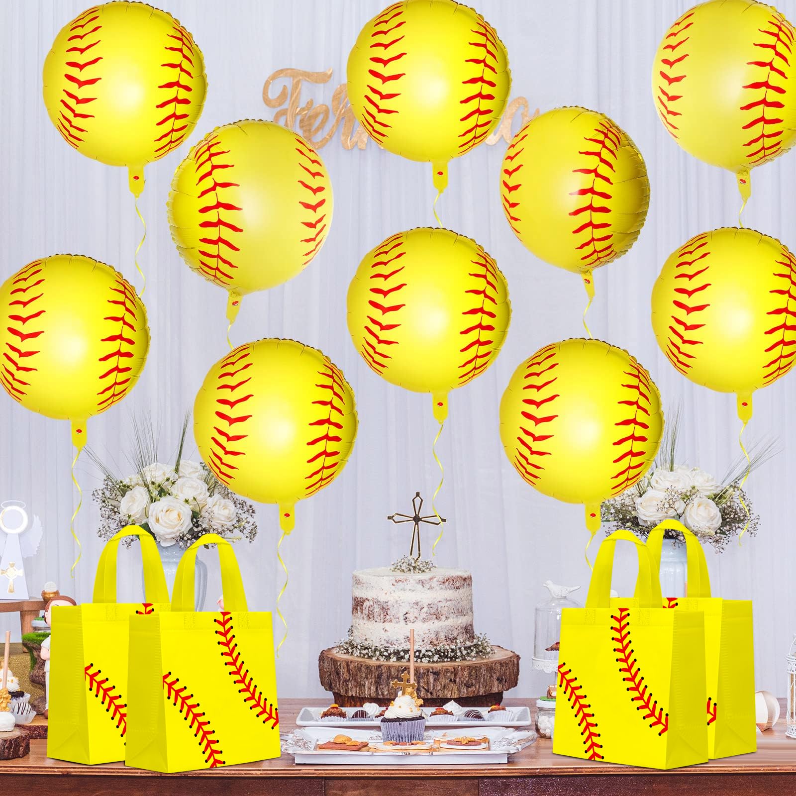 24 PCS Softball Gift Bags Sports Party Favor with Handles Reusable Softball Goodie Snack Favor Bag Non Woven Party Favor Bags for Sports Birthday Supplies