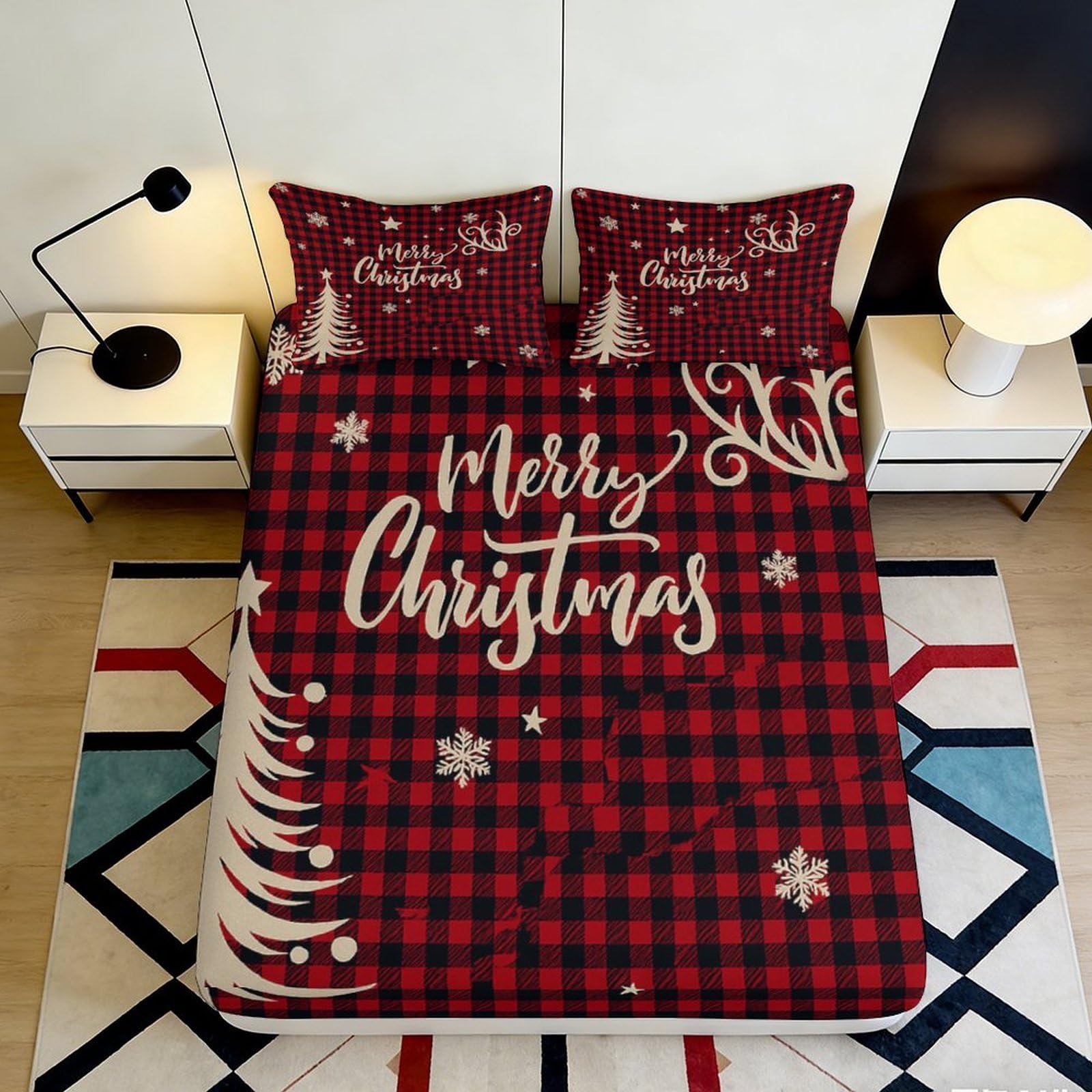 Jqzkxnhpbr Style-9 3D Printed Christmas Plaid Fitted Sheet Microfiber Red White Snowflake Bed Cover For Bedroom Dorm Easy Care 90X200x25cm