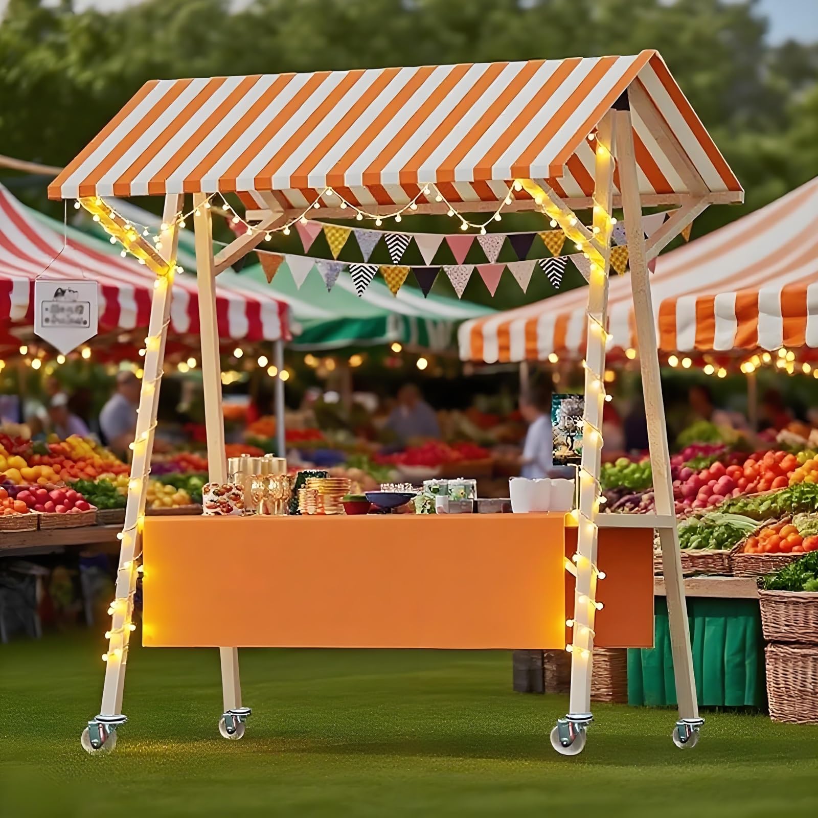 Carro de venta móvil con toldo plegable, ideal para vender aperitivos y bebidas en festivales y playas