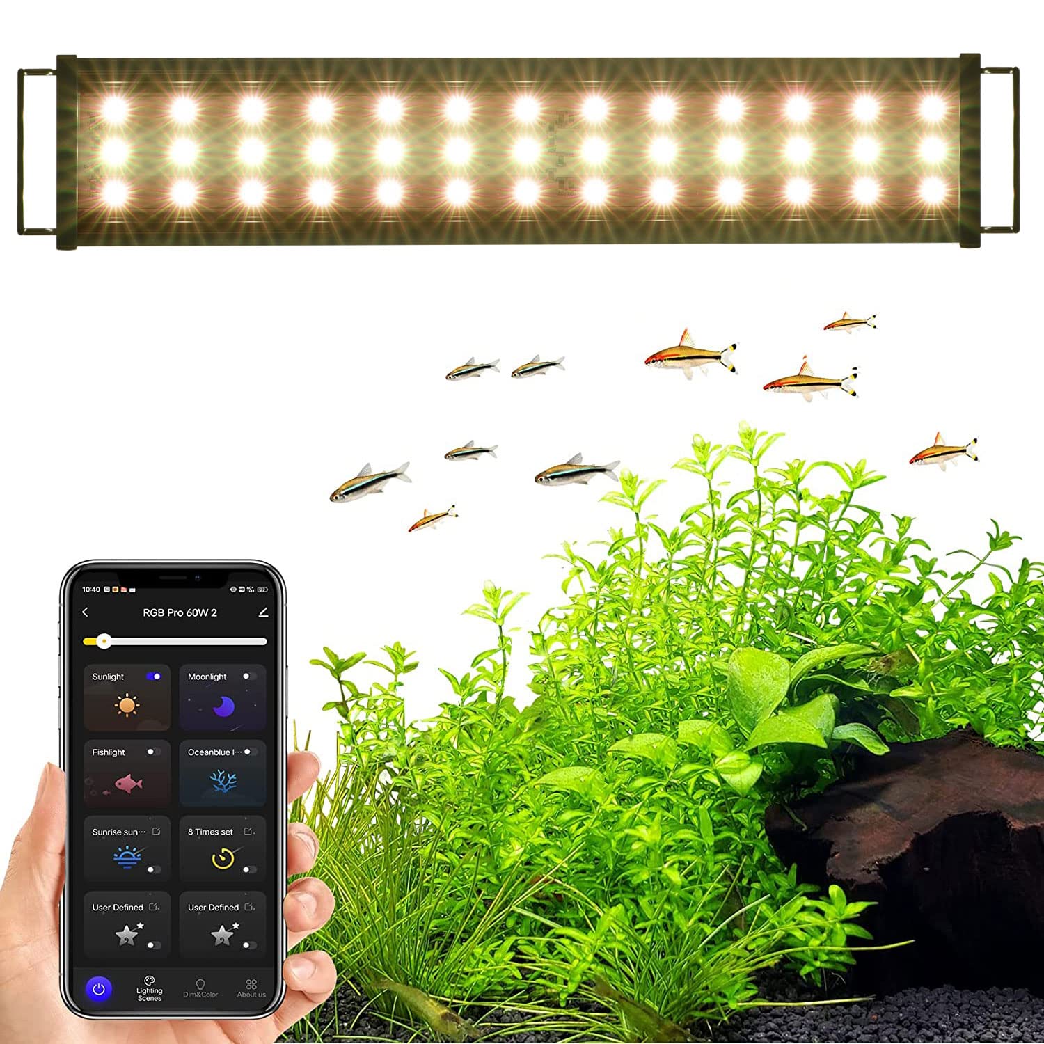 LED Aquarium Smart Éclairage Aquarium, Bluetooth Smart APP Control Fish Tank Light, 50W RGBW Spectre Complet Lumiere Eclairage, Mode programmable DIY, avec Minuterie,Convient 120-140cm aquariums.