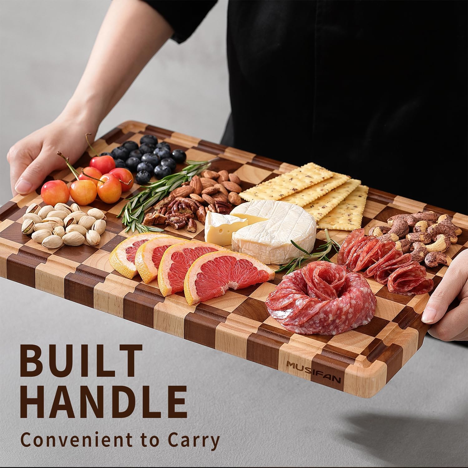 Acacia Wood Cutting Board for Kitchen – Chopping Board with Grooves & Handles, Large Wooden Cutting Board for Meat, Vegetables, Fruits, Cheese and Fruits Ideal Kitchen Gifts