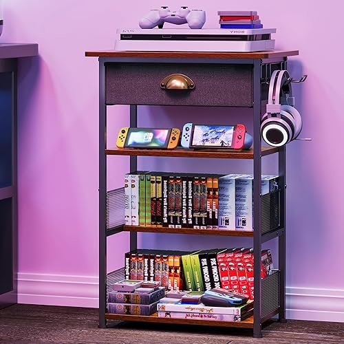 4-Tier AV Media Stand with Drawer, Video Game Console Shelf with 2 Hooks, Audio Rack Tower Perfect for/Xbox/ PS5/Switch/Game Consoles/DVD/Record Player/Projector/Sky Box/TV Accessories