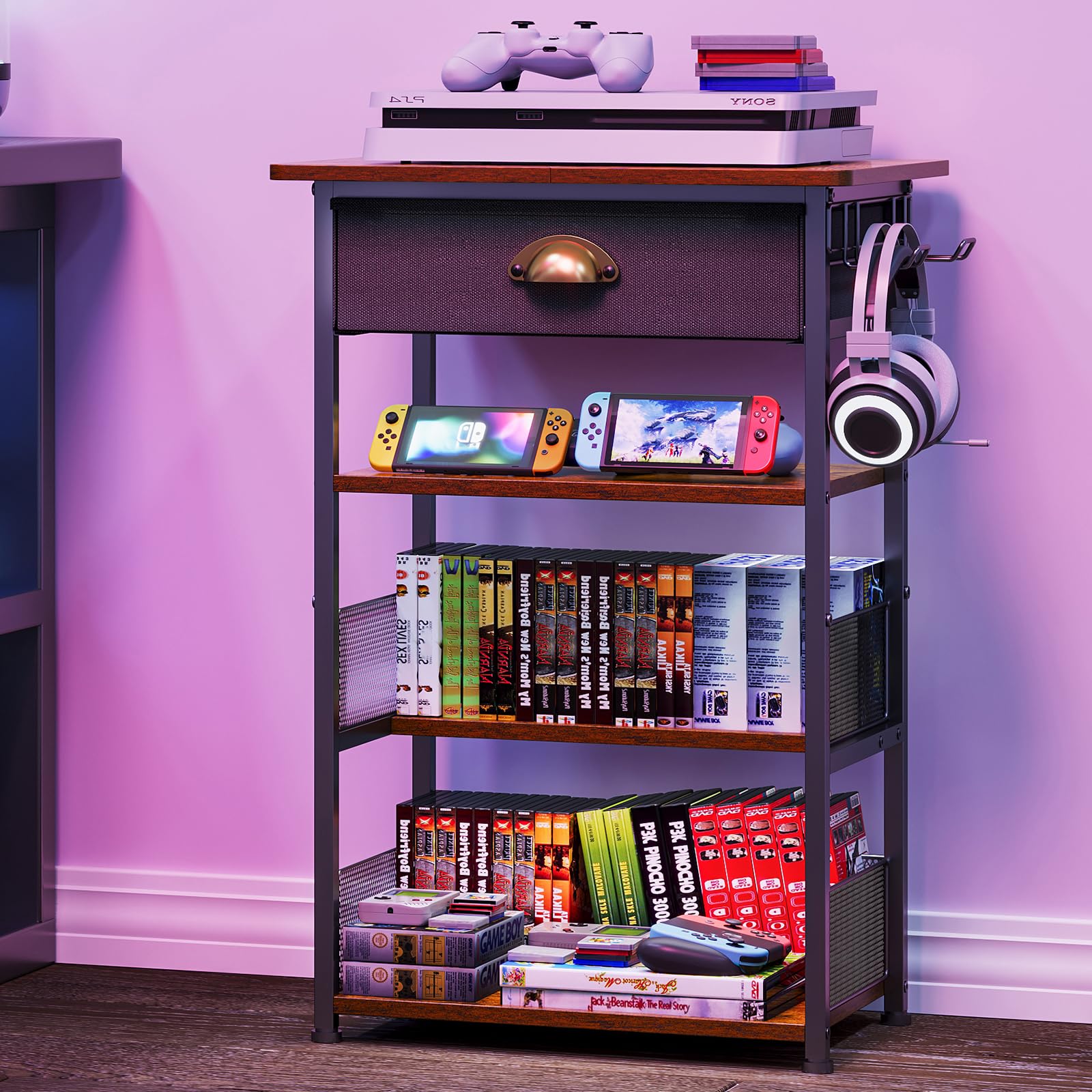4-Tier AV Media Stand with Drawer, Video Game Console Shelf with 2 Hooks, Audio Rack Tower Perfect for/Xbox/ PS5/Switch/Game Consoles/DVD/Record Player/Projector/Sky Box/TV Accessories