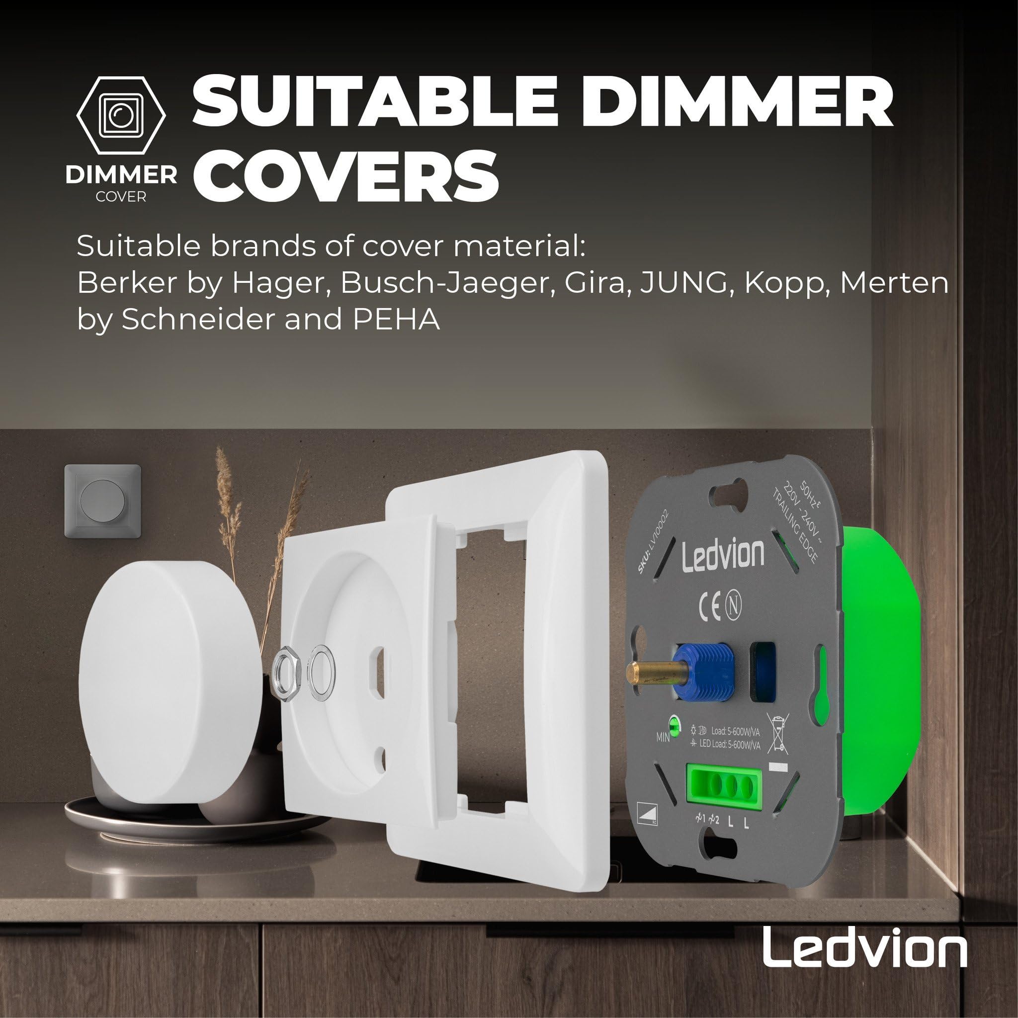 Ledvion - Variateur de Lumiere LED, LED Dimmables 5–600W / Halogène 10–600W, Couverture Blanche, à Découpage de Phase, Variateur Rotatif Encastré, Interrupteur Variateur LED