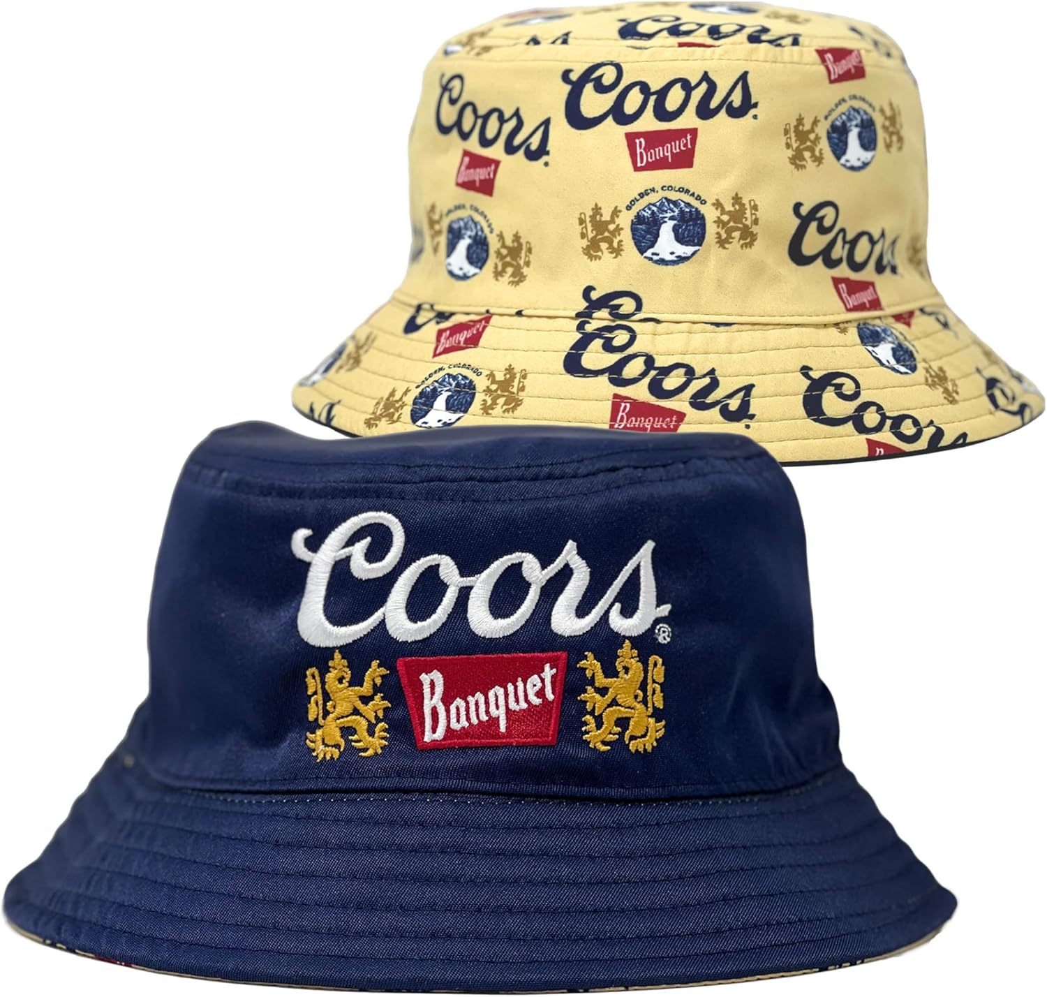 Coors Banquet Beer Brand and All Over Logos Reversible Text Bucket Hat Navy