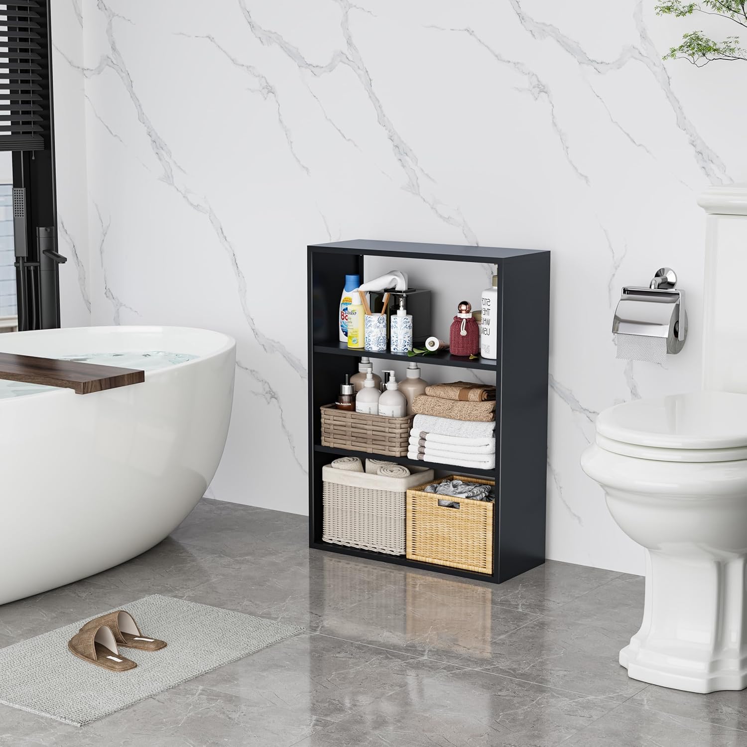 Bathroom Storage Shelves, 4-Tier Metal Bathroom Organizer, High-Load-Bearing Standing Shelf Units for Small Space, Black Modern Shelving for Plants, Decors, Bath Essentials