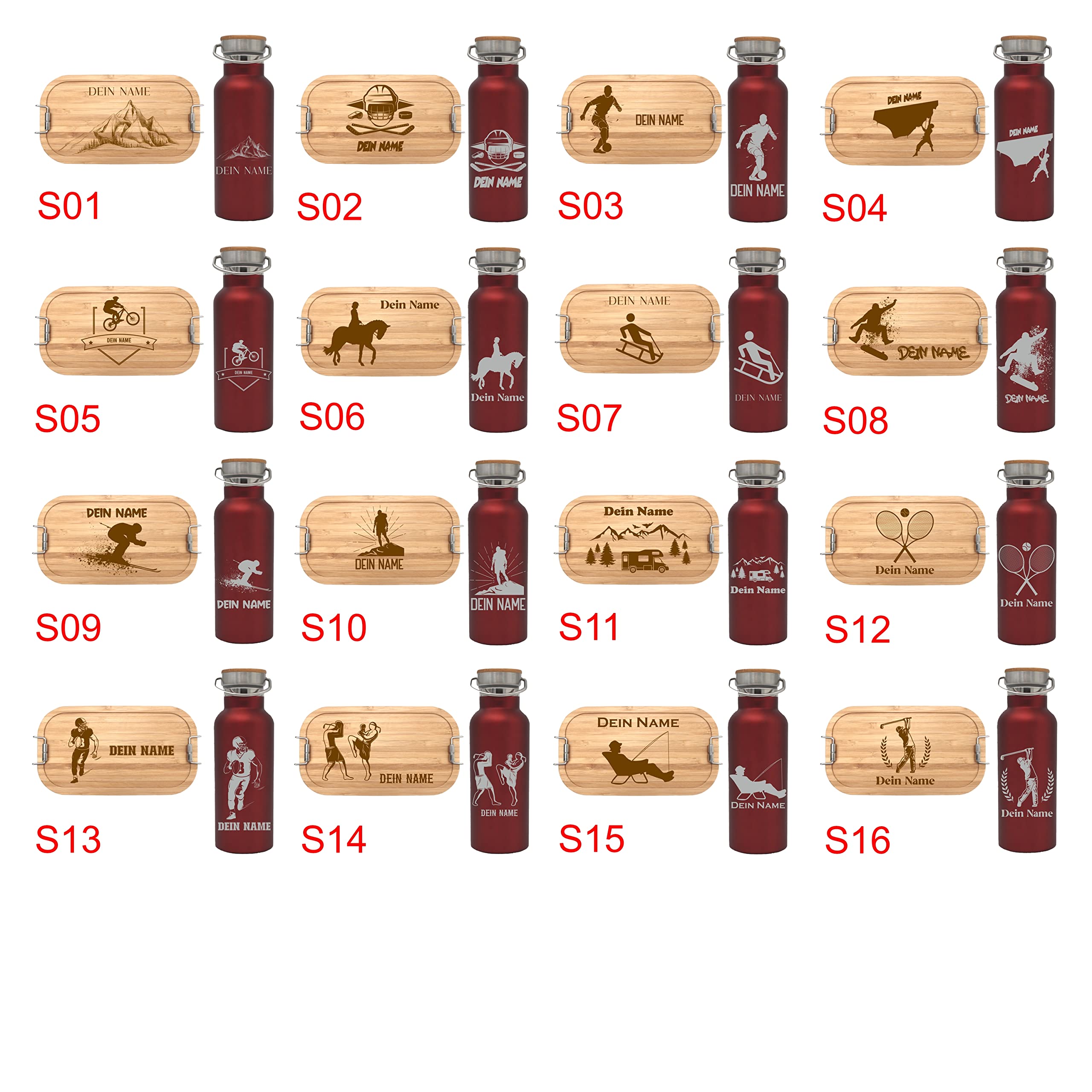 Brotdose 700ml mit Fächern und Trinkflasche 500ml aus Edelstahl mit Namen personalisiert, Lunchbox und Isolierflasche für Kinder und Erwachsene Brotzeitbox (Flasche ROT, Kleine Lunchbox 700ml)