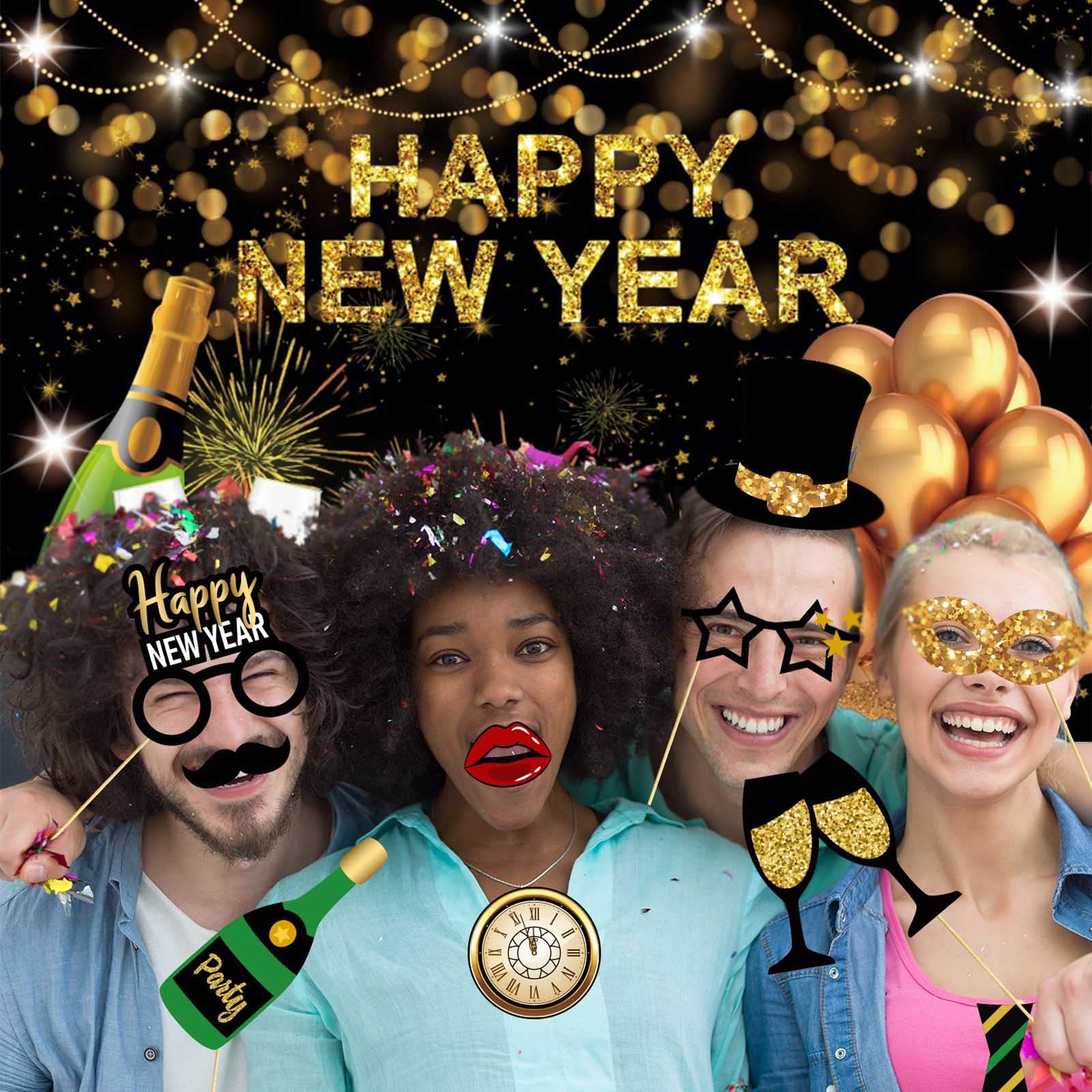 Toile De Fond « Happy New Year » 2024 Noir Et Doré Brillant Verres